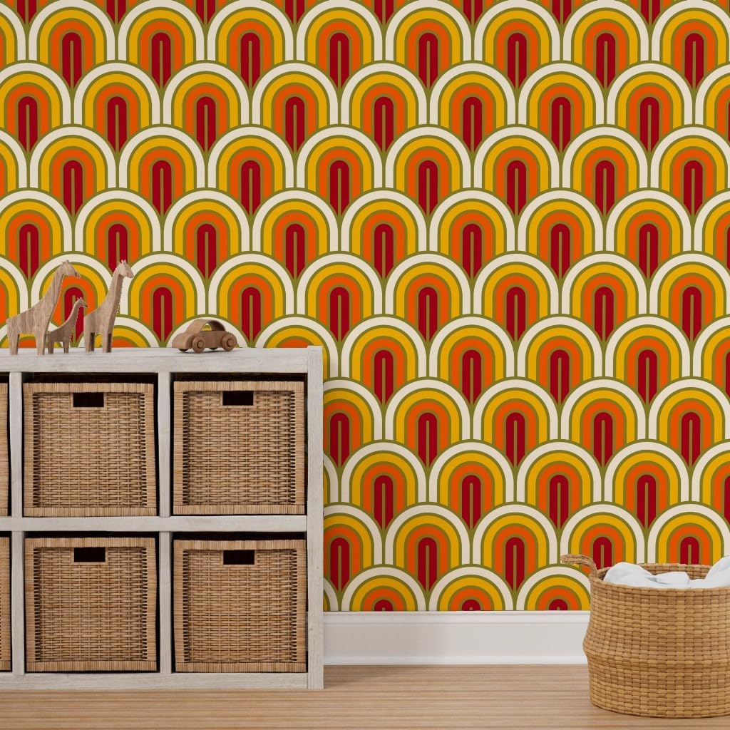 Peel & Stick Wallpaper 3ft x 2ft - Geometric Pattern Art Deco Sunset White Yellow Red Retro Orange Gold Custom Removable Wallpaper by Spoonflower