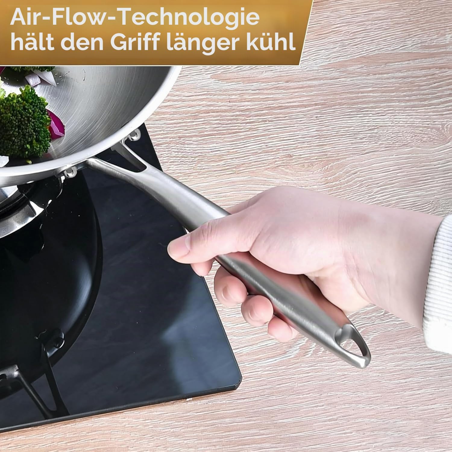 LOLYKITCH Wokpfanne Edelstahl 32 cm mit Deckel | Unbeschichtete Wok Pfanne für Induktion & Gasherd, Edelstahlpfanne ohne Beschichtung, Stainless Steel Wok, genieteter Griff