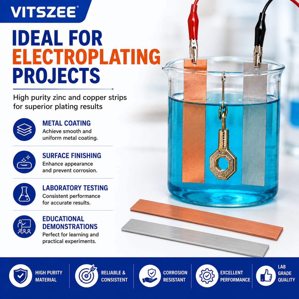VITSZEE Zinc Copper Electrode Strip Set (150mm x 15mm x 1mm) | High Purity Strips for Electroplating, Electrochemistry, Electrolysis, Galvanic Cell, STEM Science Experiments & Laboratory Use 3