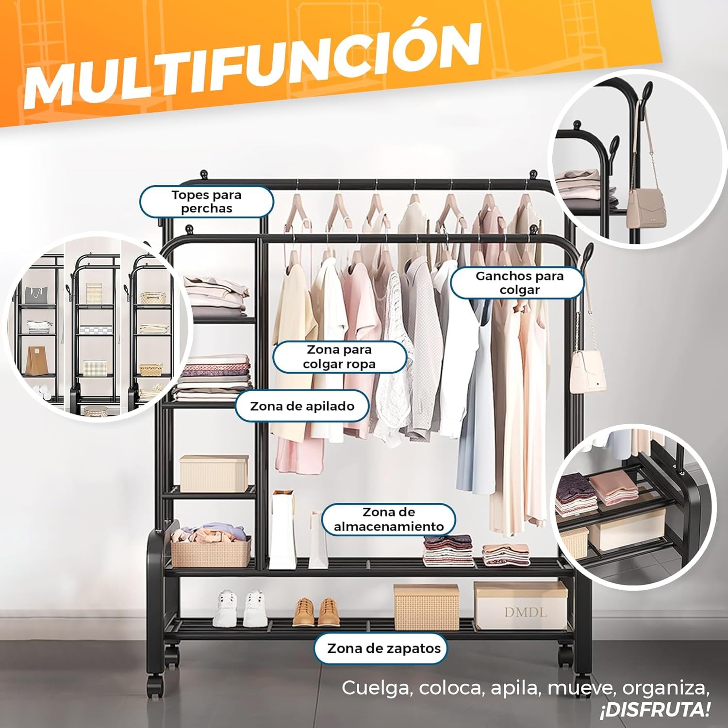 Burro de Ropa Resistente 150 cm con Doble Barra y Zapatero - Perchero de Pie con Ruedas 360 Armario Abierto Multifunción para Vestidor y Dormitorio Antideformación - Acero Negro