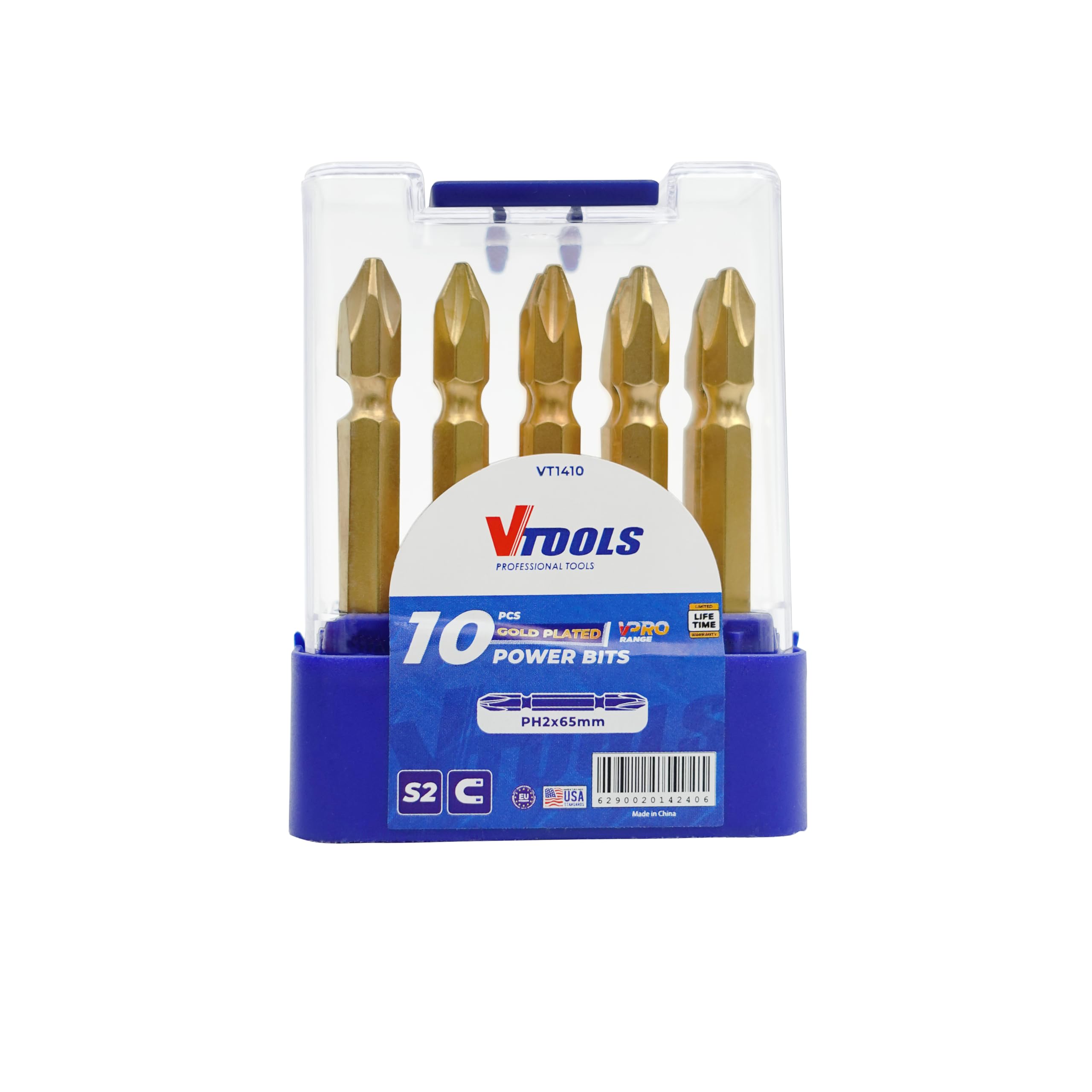VTOOLS10 Pieces PH2 Magnetic Screwdriver Bits Set 2/5 Inch, Gold Plated S2 Steel Precision Bits with Case, Ideal Tool for Repairing Car, Bicycle, Furniture, VT1410
