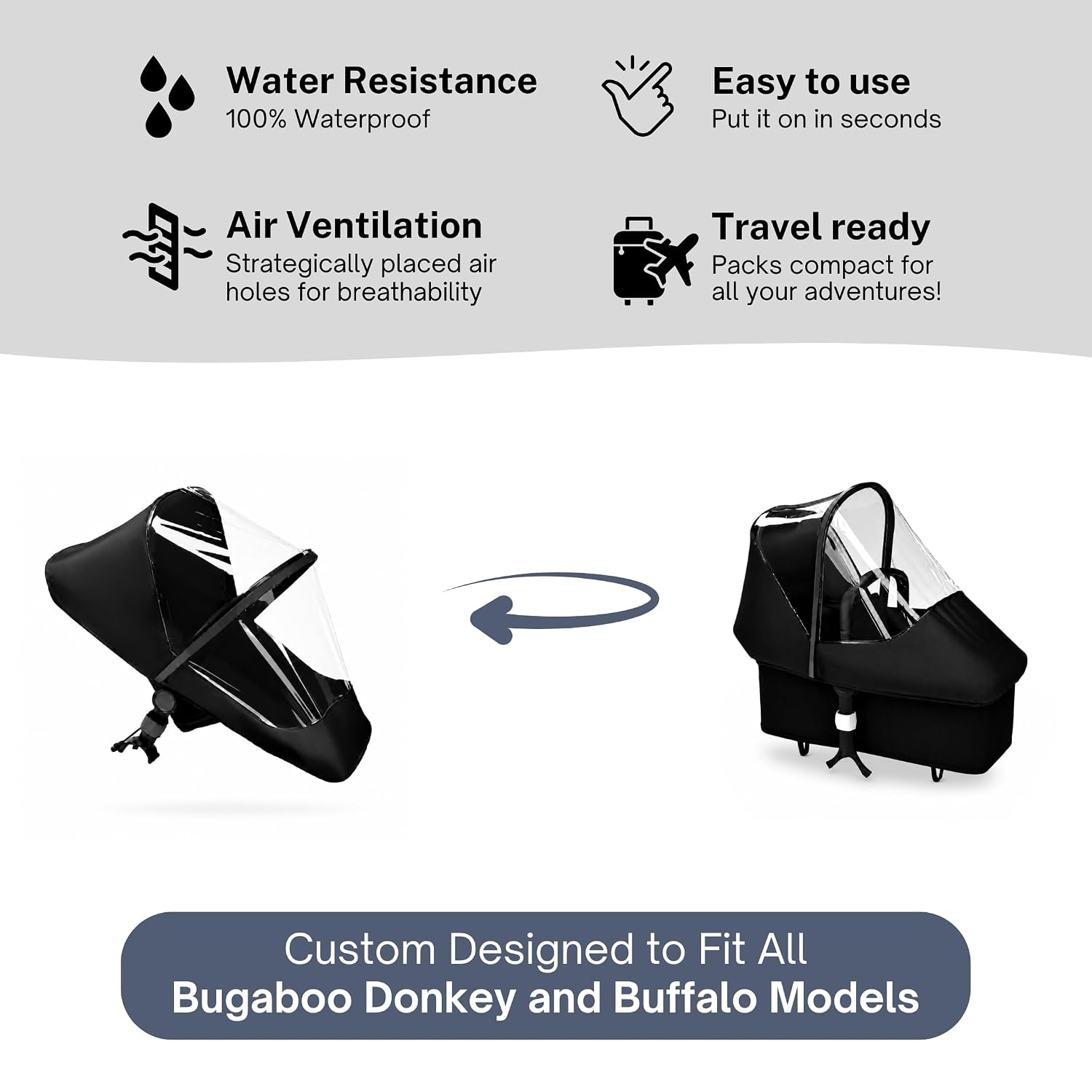 Rain Cover Designed for Bugaboo Donkey and Buffalo - Zipper Access, Ventilation Holes, High Performance Weather Shield by SASHA'S (Stroller Not Included)