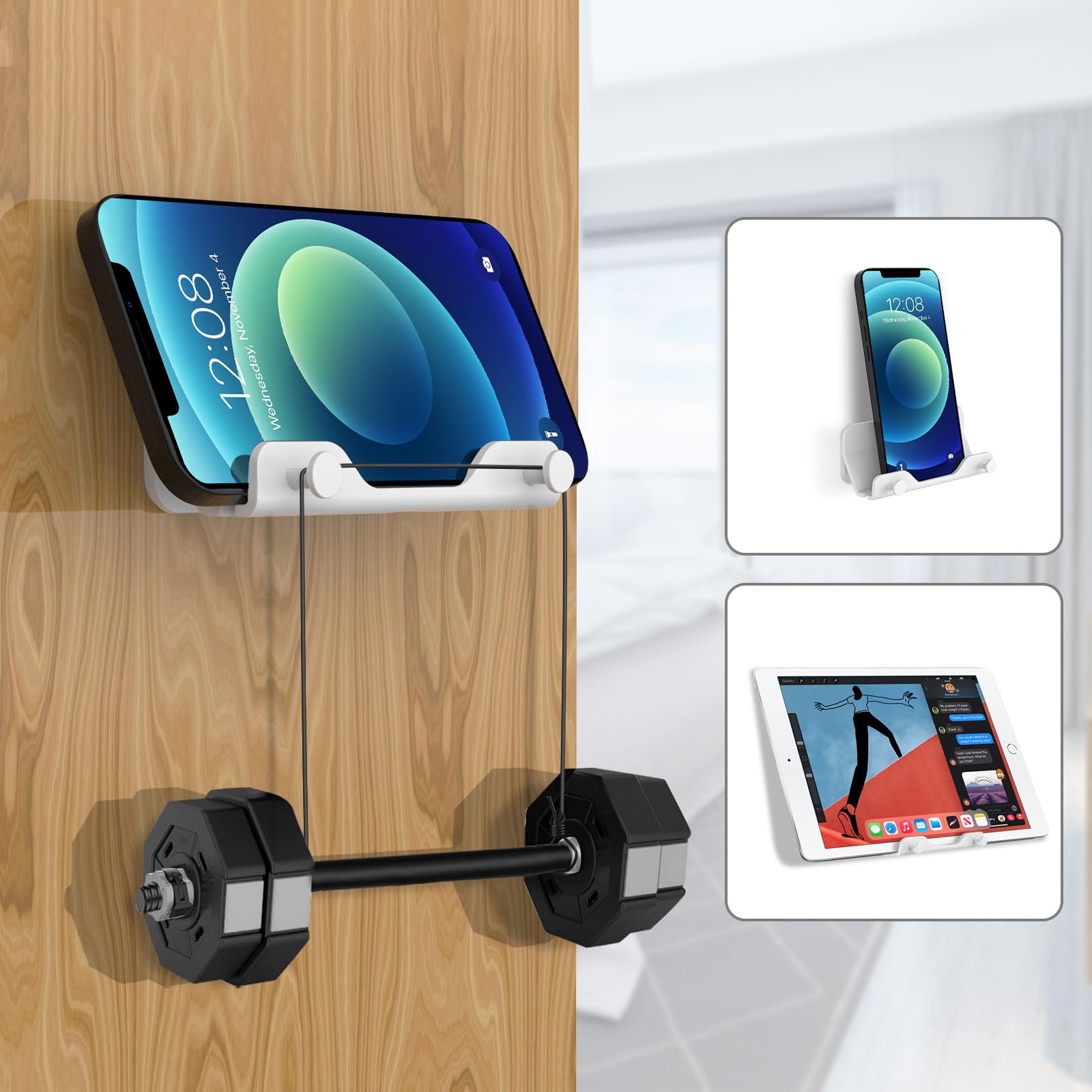 HomeMount Soporte de Pared para teléfono, Tira Adhesiva Manos Libres para Dormitorio, Sala de Estar, Cocina, Compatible con Todos los teléfonos o Mini iPad (2 Piezas - Blanco)