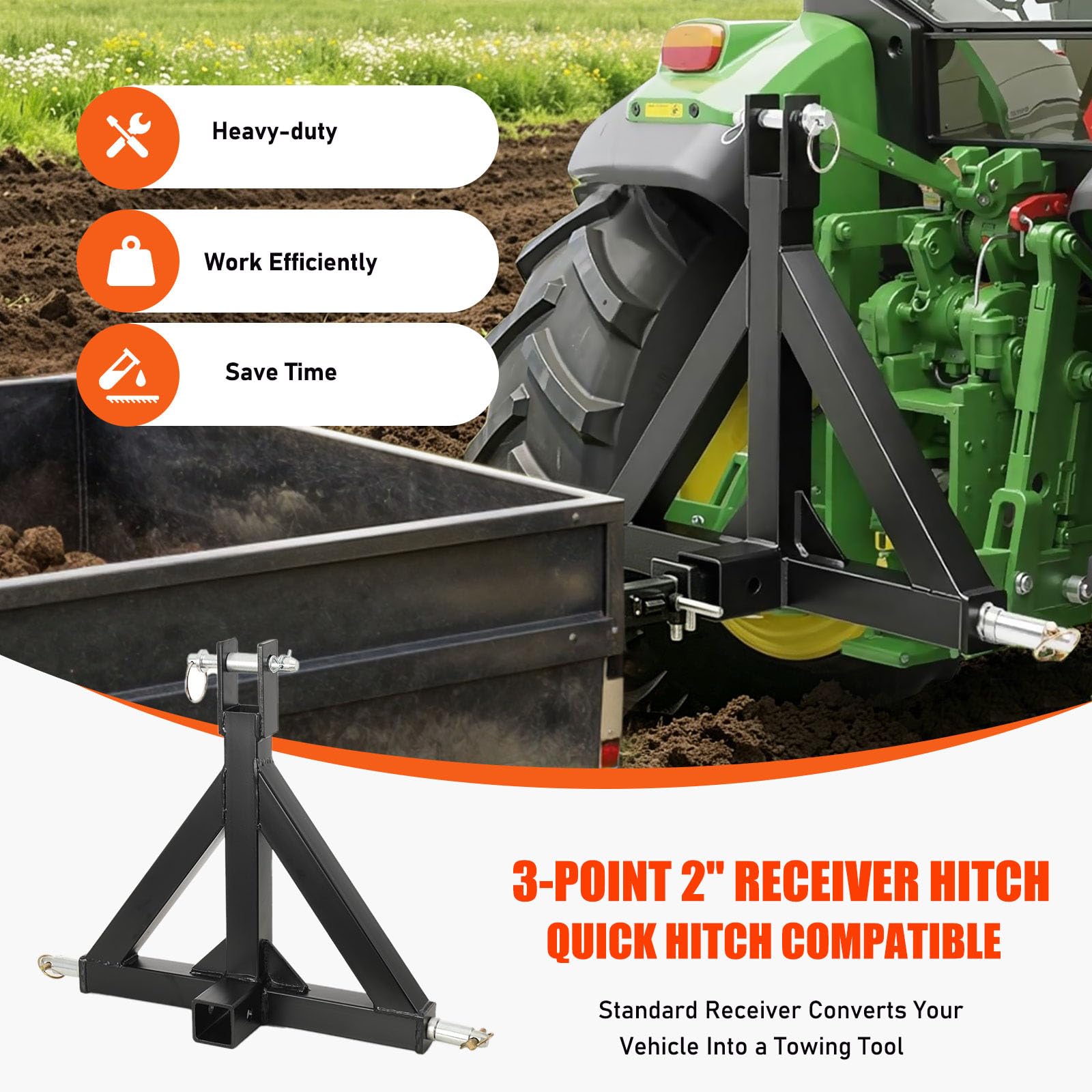 Gancio di Traino a 3 Punti con Ricevitore da 2" Adattatore a Tre Punti per Trattore, Categoria 1, per Rimorchi e Attrezzature Agricole