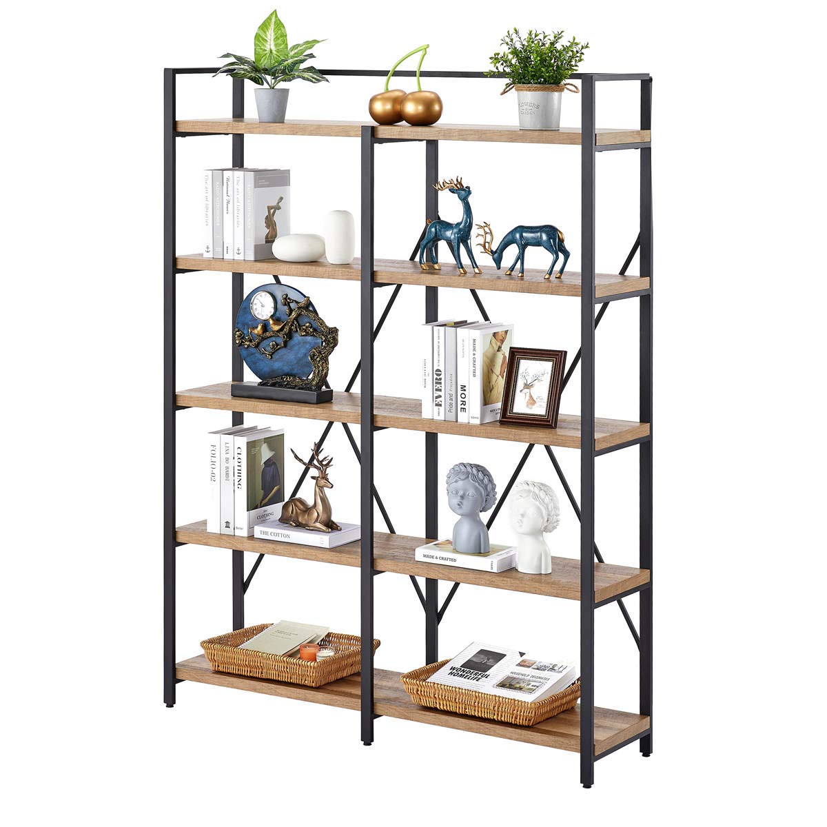 FATORRI 5 Tier Industrial Bookshelf, Rustic Wood Etagere Bookcase, Metal Tall Book Shelf with