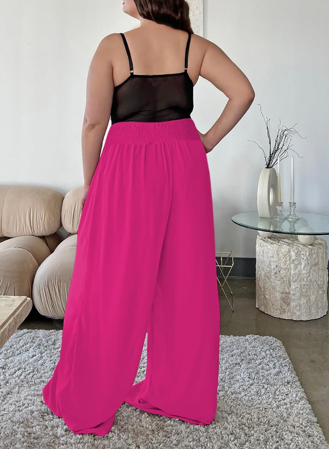 Eytino Women Plus Size Wide Leg Pants Casual Loose Smocked High Waisted Lounge Pajama Palazzo Pants(1X-5X) - Image 2