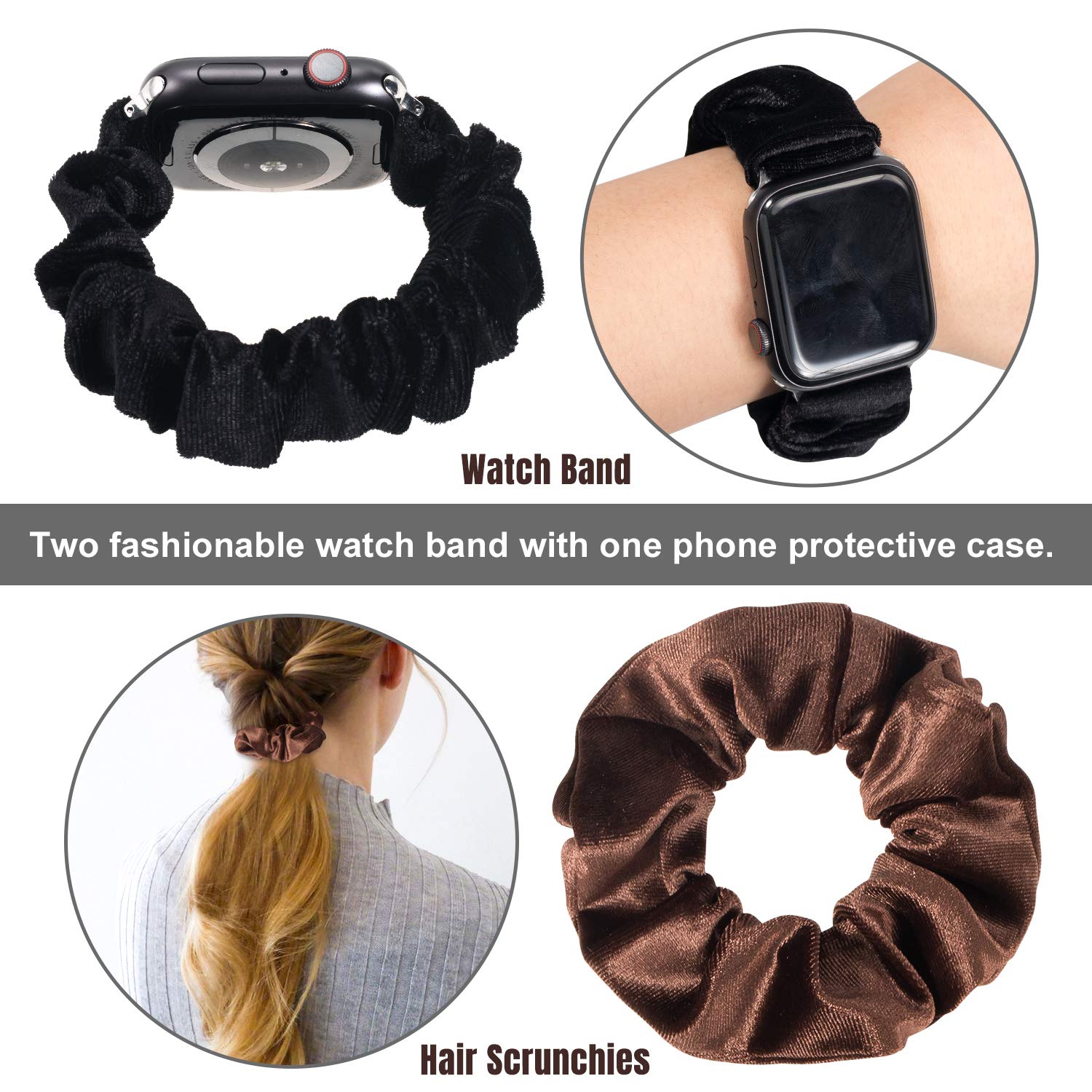 Whaline Scrunchie Watch Band, Compatible with iWatch Series 1/2/3/4/5, with 4 Pieces Velvet Scrunchies Hair Elastic Ties Ponytail Holder for Women Girls (Black, 38/40mm)