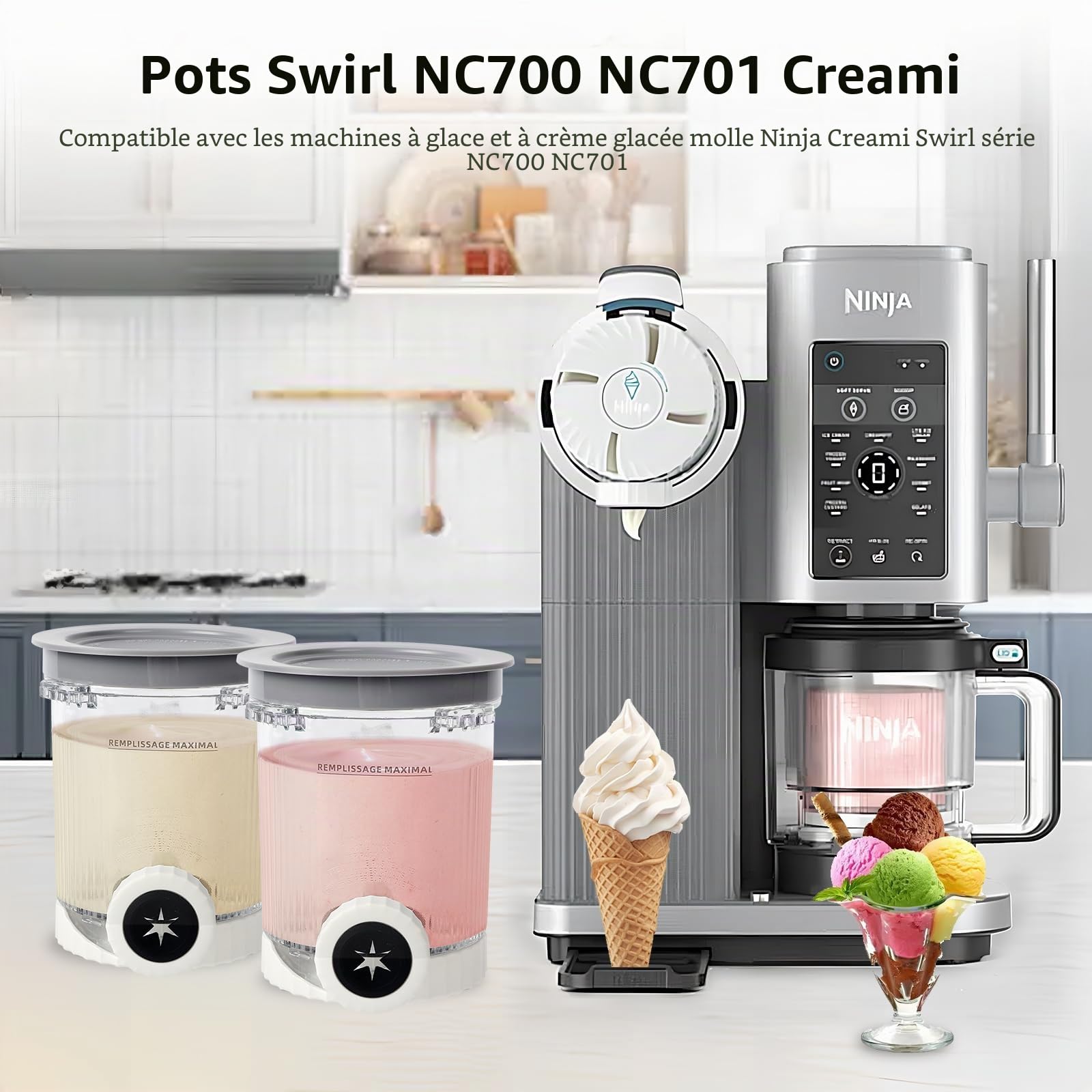 Lot de 2 récipients de 480 ml pour pintes Ninja Creami Swirl et couvercle, Compatible avec NC700 NC701 Série Ninja Creami Swirl Pintes, Sans BPA et passe au lave vaisselle