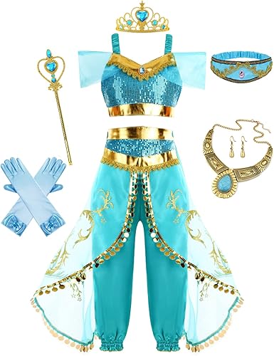 Disfraz de jazmín para niñas, vestido de princesa árabe, para fiesta de cumpleaños, carnaval, juego de ropa de cosplay de jazmín