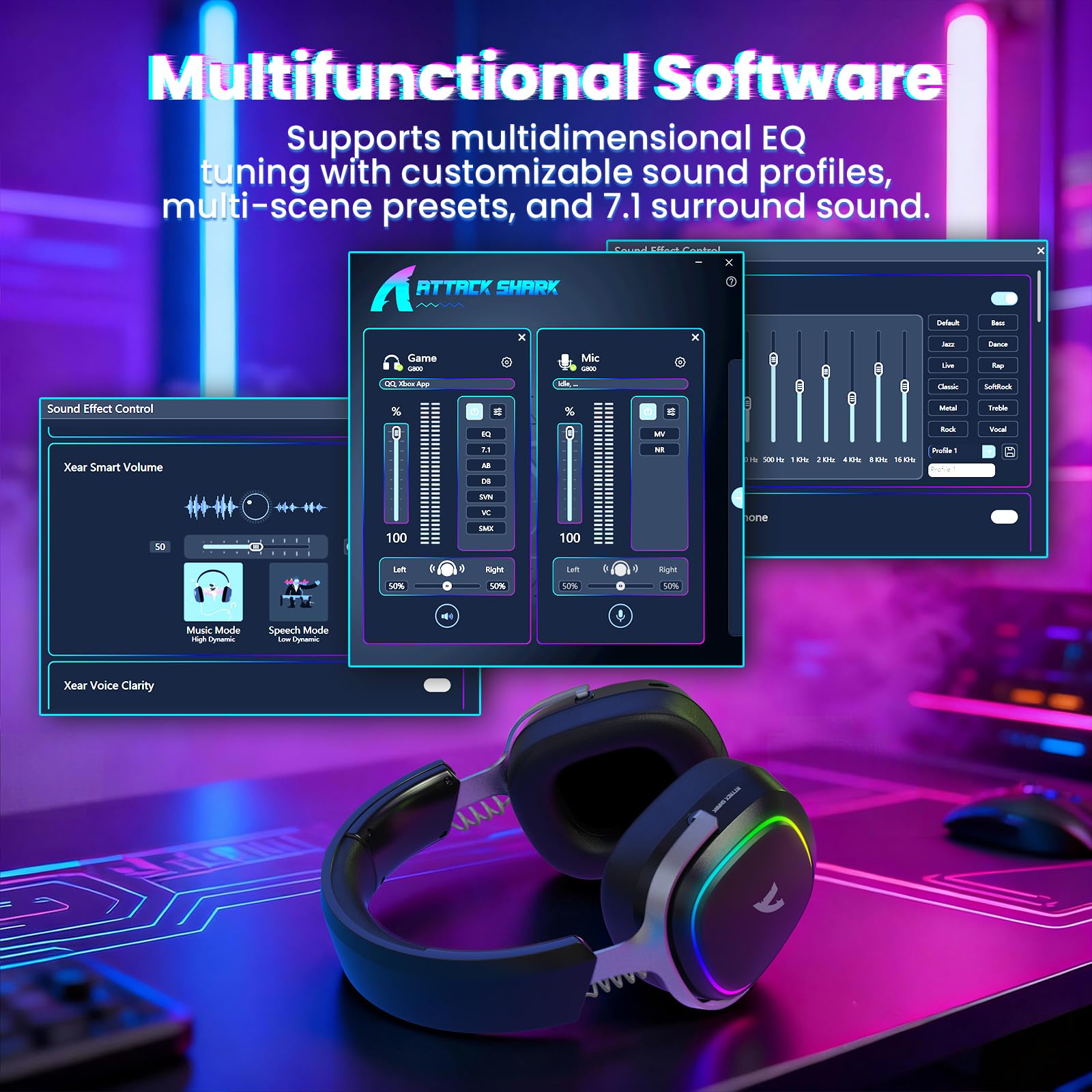 ATTACK SHARK G800 Wireless Gaming Headset with Aluminum alloy frame, 7.1 Surround Sound, Bendable ENC Mic, Tri-Mode(2.4G Wireless/Bluetooth/Wired), 1000mAh, 50mm Driver, RGB, for PC/Mac/PS/XBOX, Black