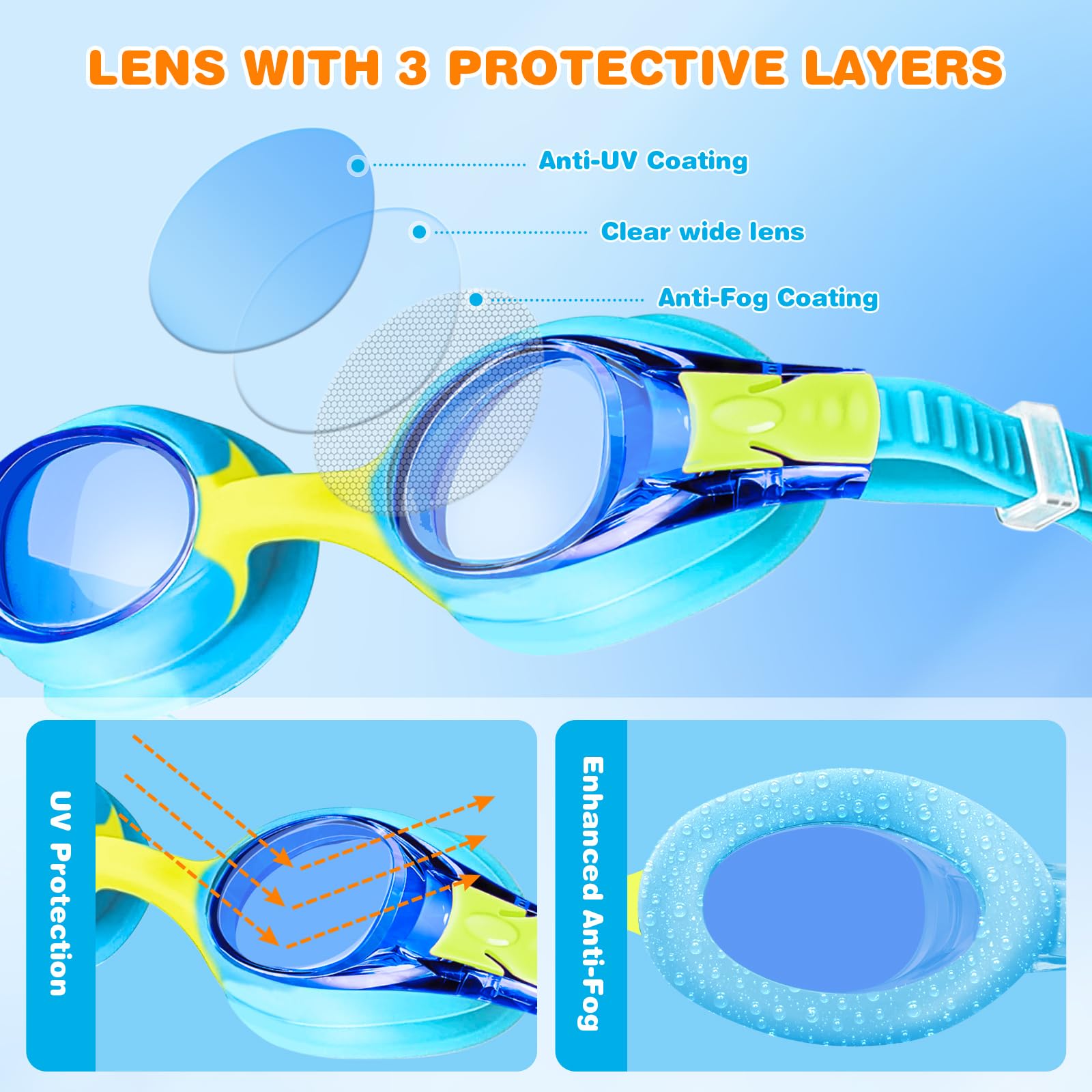 Kinder-Schwimmbrille 4–14, Anti-Beschlag-Schwimmbrille mit UV-Schutz, wasserdichte Schwimmbrille für Jungen und Mädchen, 4 Stück