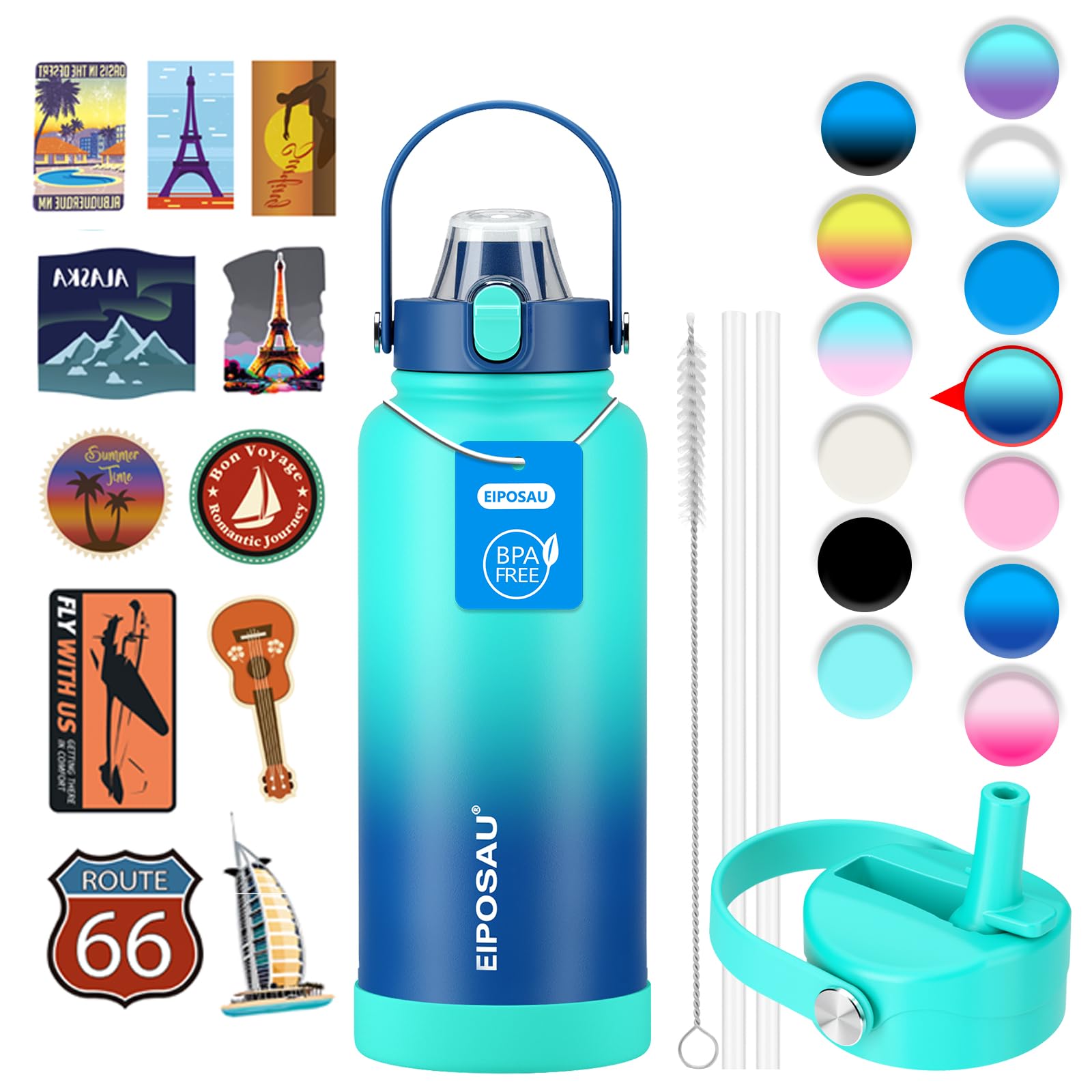 Insulated Water Bottle with Lid & Boot & Stickers, 32 oz Stainless Steel Sweat Free Bottle Keep Cold 24H, BPA-Free Sports Wide Mouth Water Bottle, CyanBlue