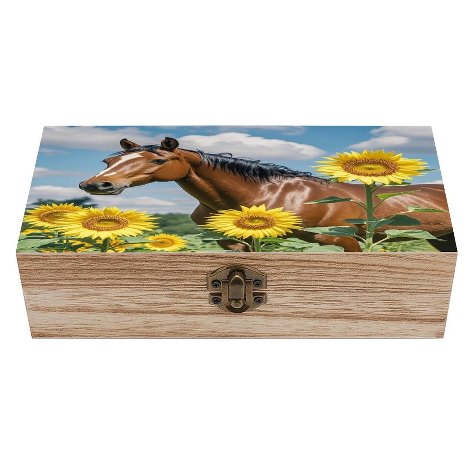 FekiLoot Horse And Sunflower Wooden Storage Box Exquisite Wood Keepsake Box Vintage Wooden Gift Jewelry Case for Crafts And Photo Storage Boxes