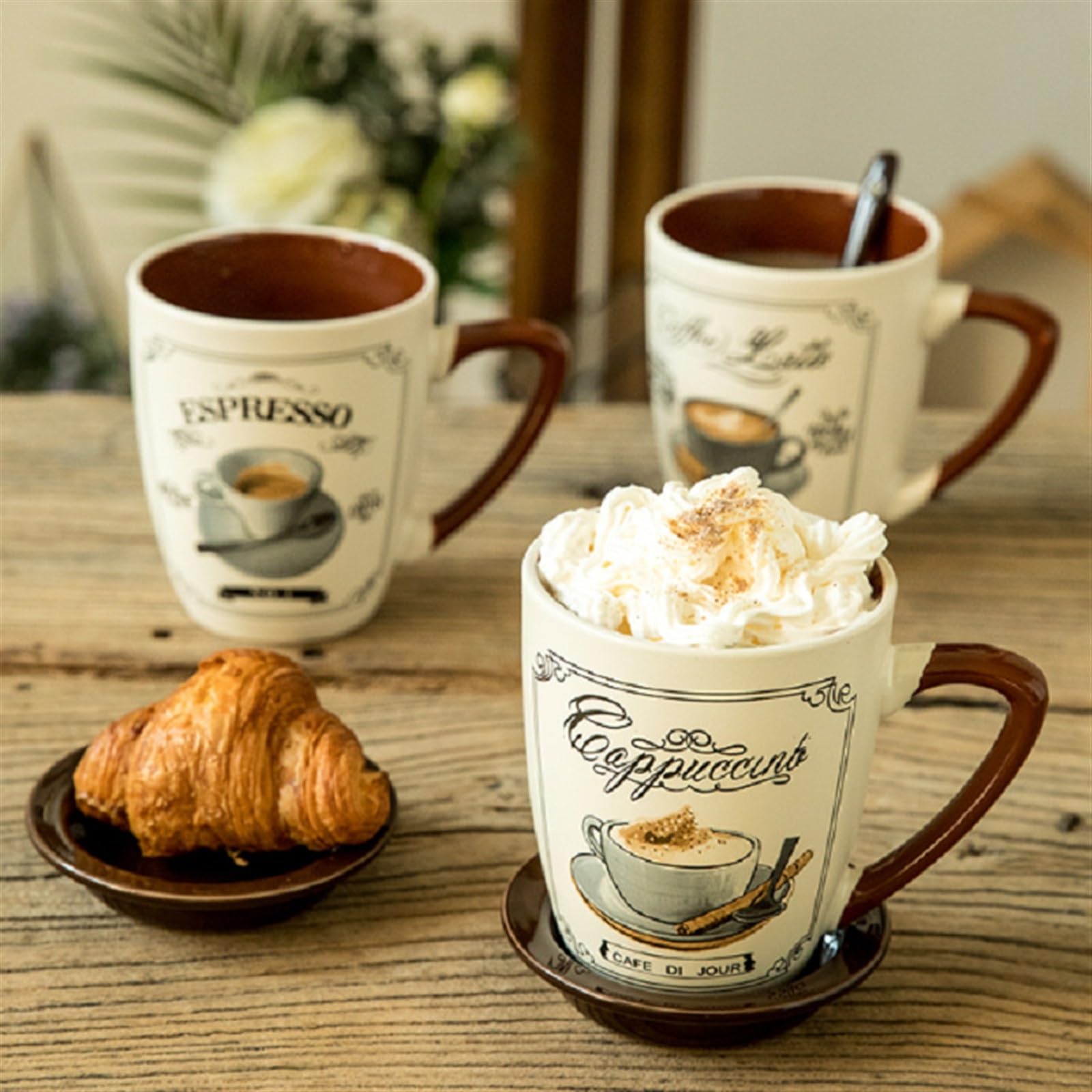 Kubek do kawy mleka i herbaty europejski luksusowy kubek do kawy cappuccino latte vintage ceramiczny kubek z pokrywką łyżka do herbaty, zupy i kawy (B)
