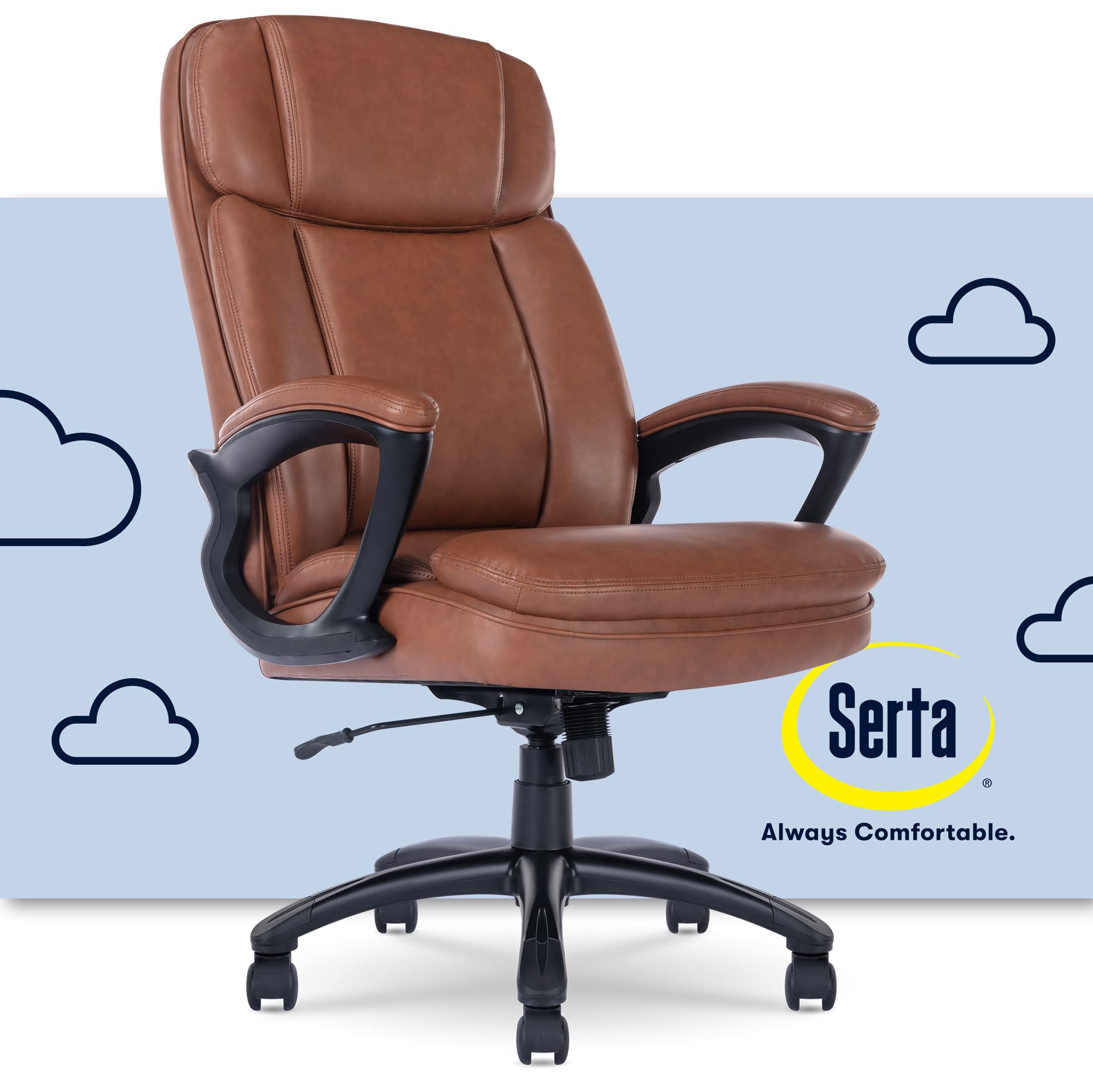 Serta Big & Tall Executive Office Chair High Back All Day Comfort Ergonomic Lumbar Support, Bonded Leather, Cognac