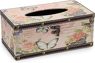 Sumnacon Tissue Box Cover Rectangle Tissue Box with Lid,Wood Tissue Box Holder with PU Cover and Vintage Pattern,Retro Tissue Cover for Bathroom Toilet Living Room Table Desk Office Car Decor, Pink