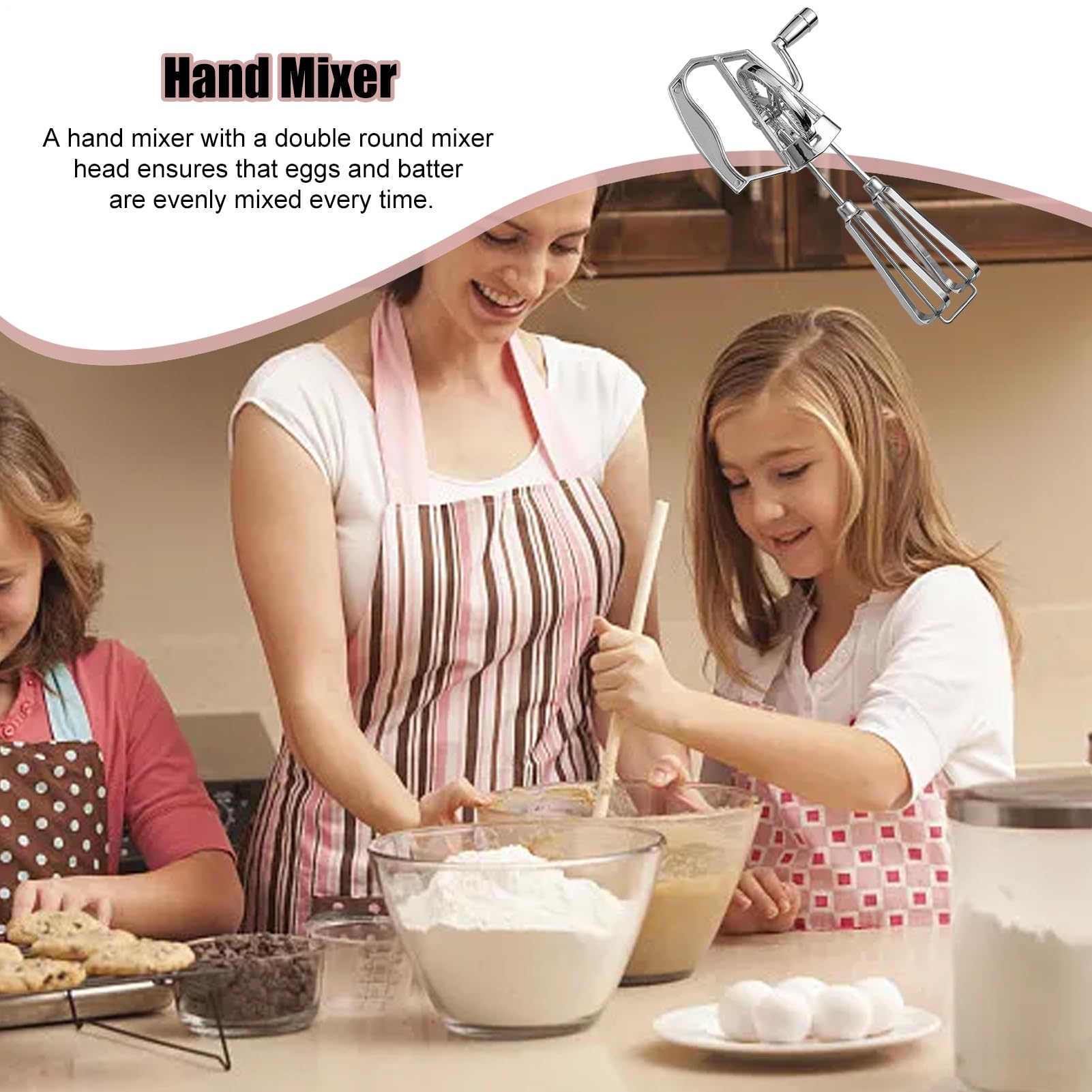 Handkurbel-Schneebesen, Rotierender Hand-Schneebesen Aus Edelstahl, Handmixer Ohne Strom, Küchenhelfer Zum Kochen Und Backen, Doppelkopf-Design