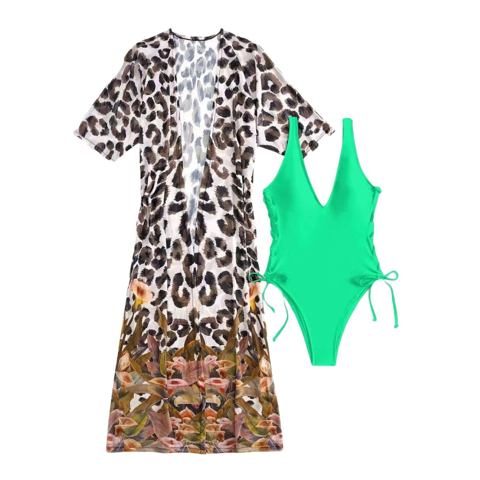 Costume da Bagno Intero Sexy Da Donna con Scollo A V Lacci Laterali e Copricostume Leopardato A Kimono 2 Pezzi