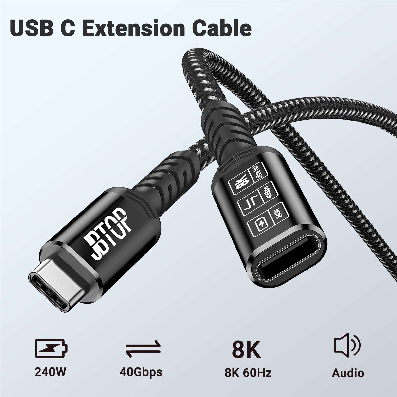 Cable de extensión USB C de 3.3 pies [2 unidades de 40 Gbps/240 W/8 K], carga de 240 W, transferencia de datos de 40 Gbps, cable extensor USB C 4.0 tipo C, macho a hembra para laptop, tablet