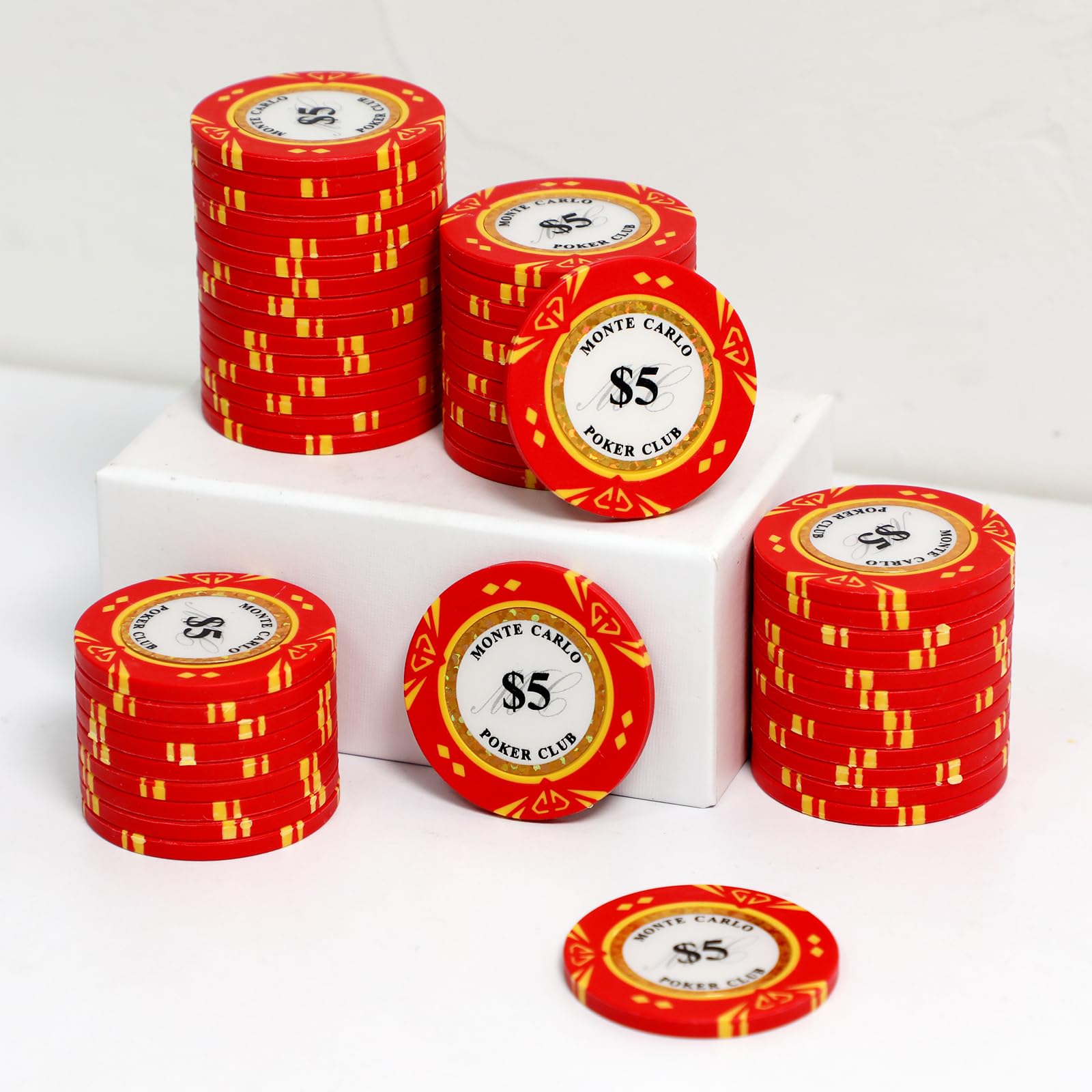 JIESITE 14 Gram Clay Poker Chips Monte Carlo Poker Chips Casino Grade Poker Chip for Texas Hold'em, Blackjack Poker Games Pack of 50 Pieces($5 Red)