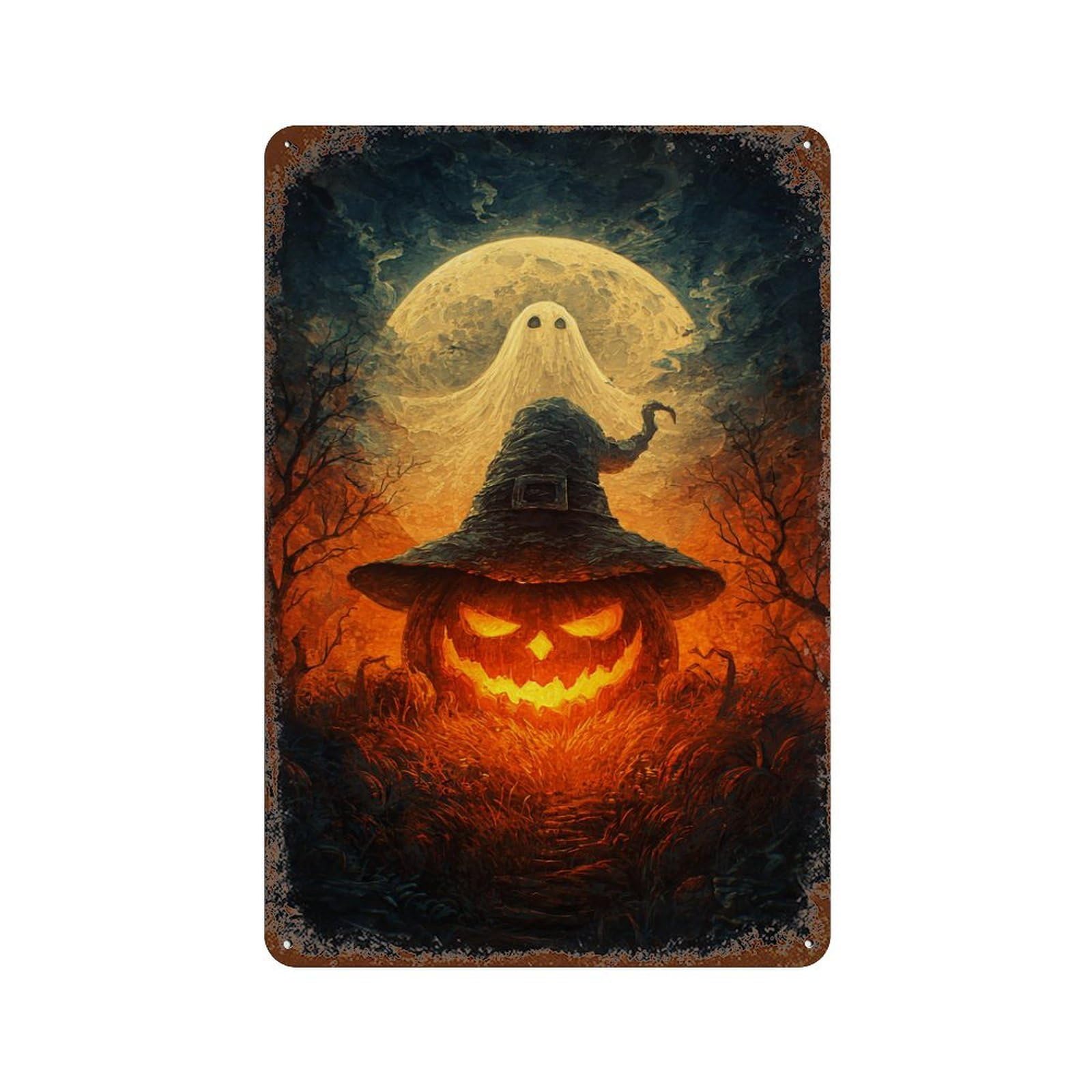 Halloween Ghost Pumpkin Scene 11.8"x7.9" Retro Metal Sign, Old School Wall Decor for Office, Studio And Wall Decor