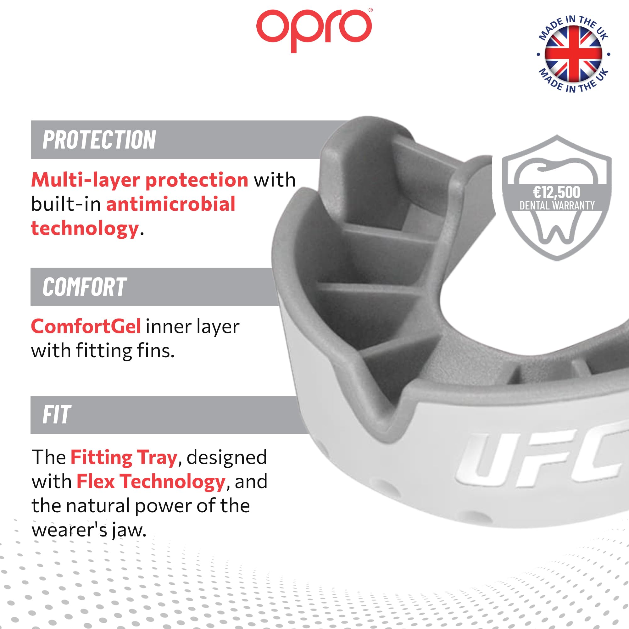 OPRO Silver Level UFC sportowy ochraniacz na zęby dla dorosłych i dzieci z etui, gumowa osłona dla dzieci z rewolucyjną technologią dopasowania do UFC, MMA, boksu, BJJ i innych sportów walki (srebrny,