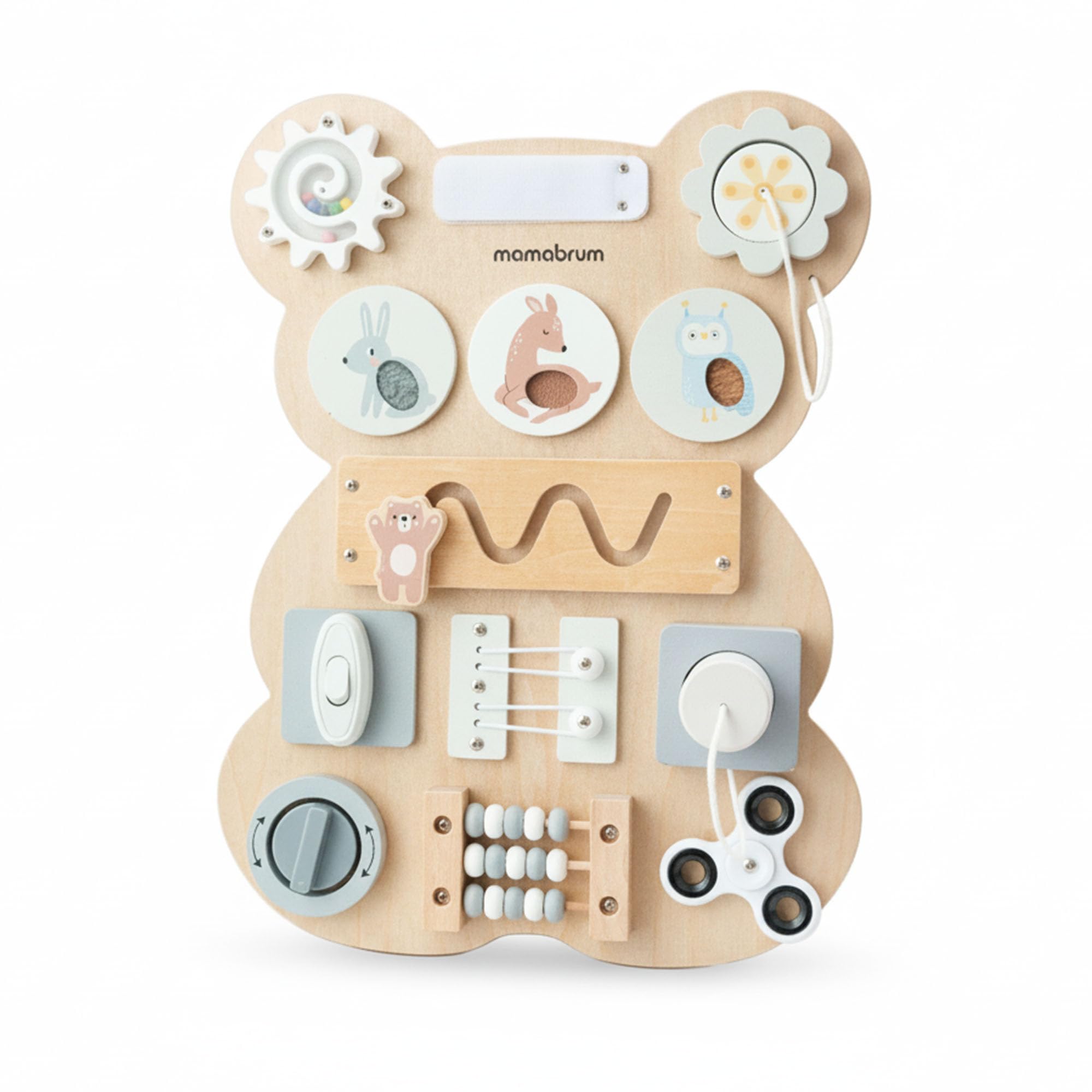 mamabrum Tabla Sensorial Montessori Oso – Juego Educativo Manipulación & Motricidad, Laberinto, Velcro, Enchufe & Botón Clic, Madera Sólida, Desarrollo Coordinación Bebés Niños