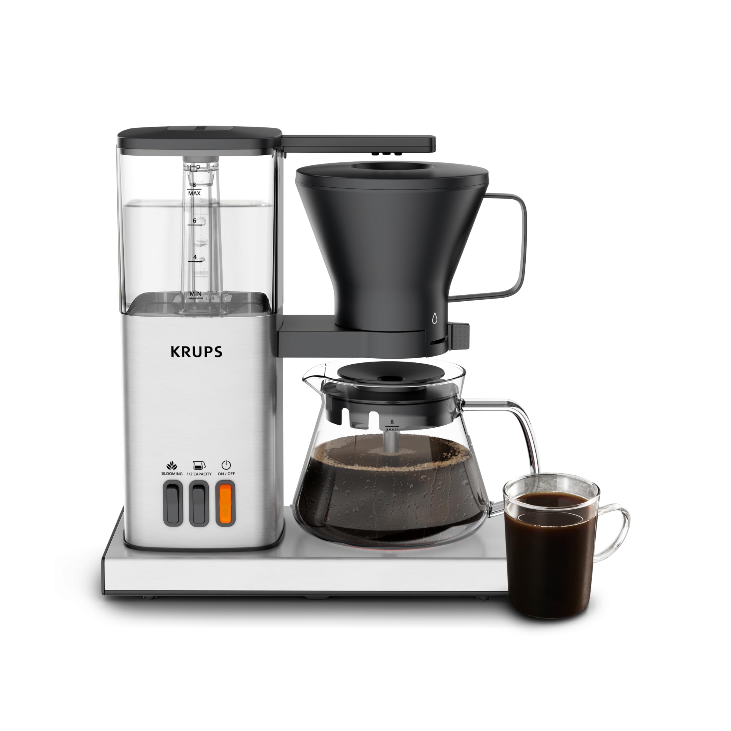 KRUPS Essential Brewer 8 Cup Drip Coffee Maker Machine SCA-Certified, Blooming Technology, Barista-Quality, Pour-Over Coffee Machine, Easy to Clean Dishwasher Safe,Stainless Steel Design, Silver