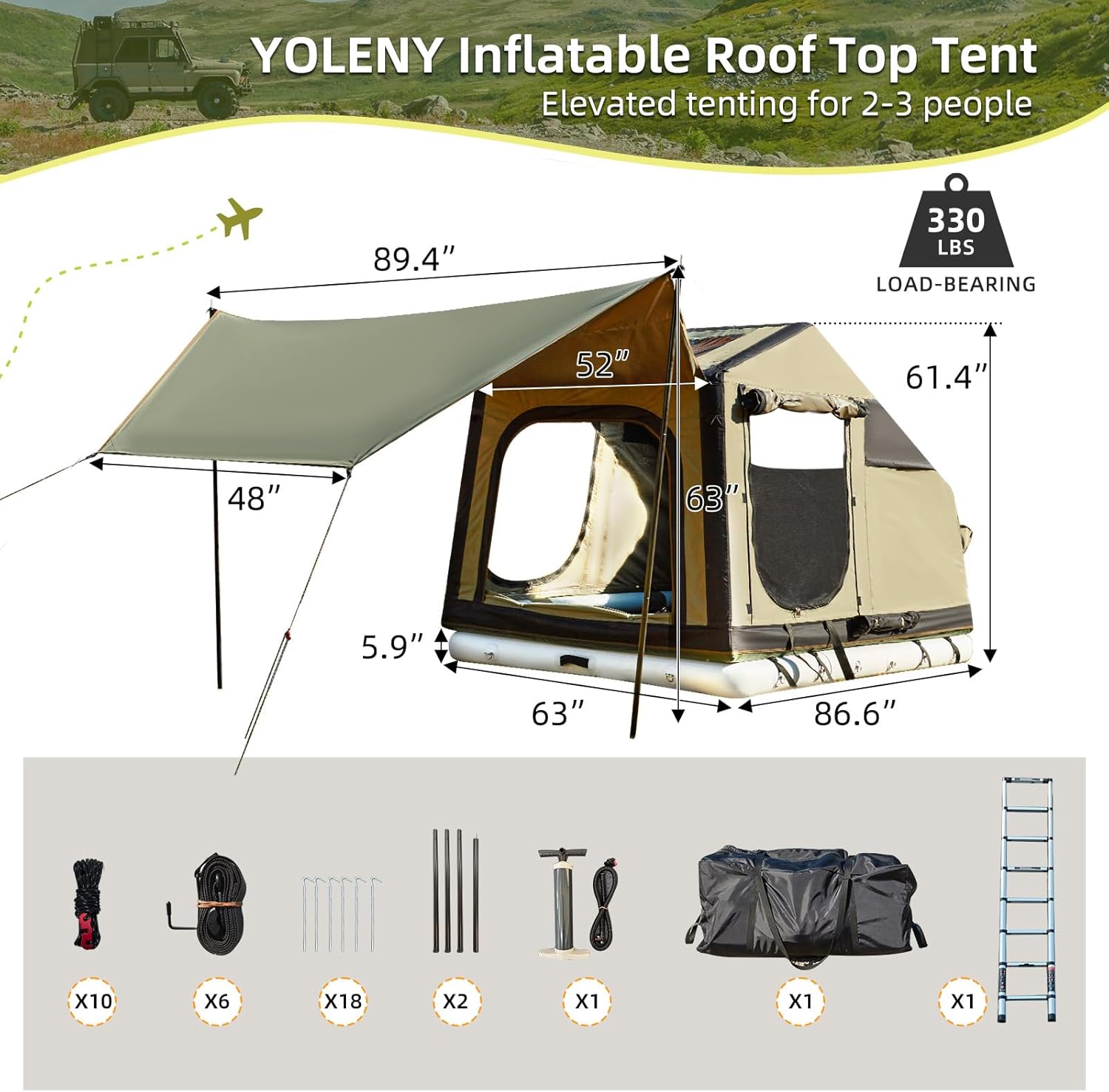 YOLENY Inflatable Tent for Camping, Multi-Function Rooftop Tent with Extended Canopy, 2 TPU Skylights, Telescopic Ladder & Air Cushion, Waterproof Full Dull Poly Textured Oxford
