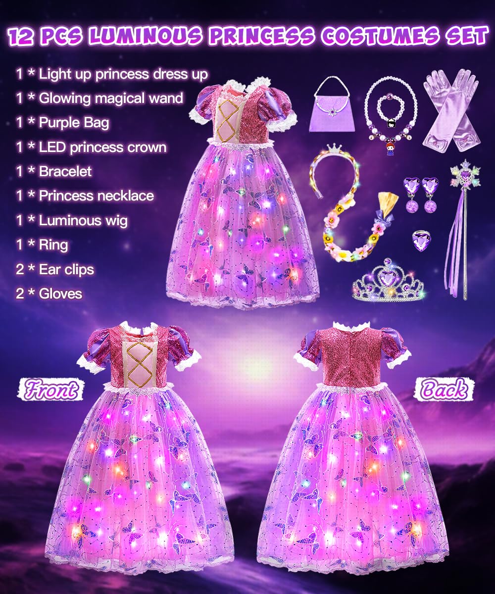 Vestito Principessa, LED Costume Principessa Bambina con Set Corona Principessas Luminoso, Vestiti Costume Carnevale, Vestito da Principessa per Cosplay