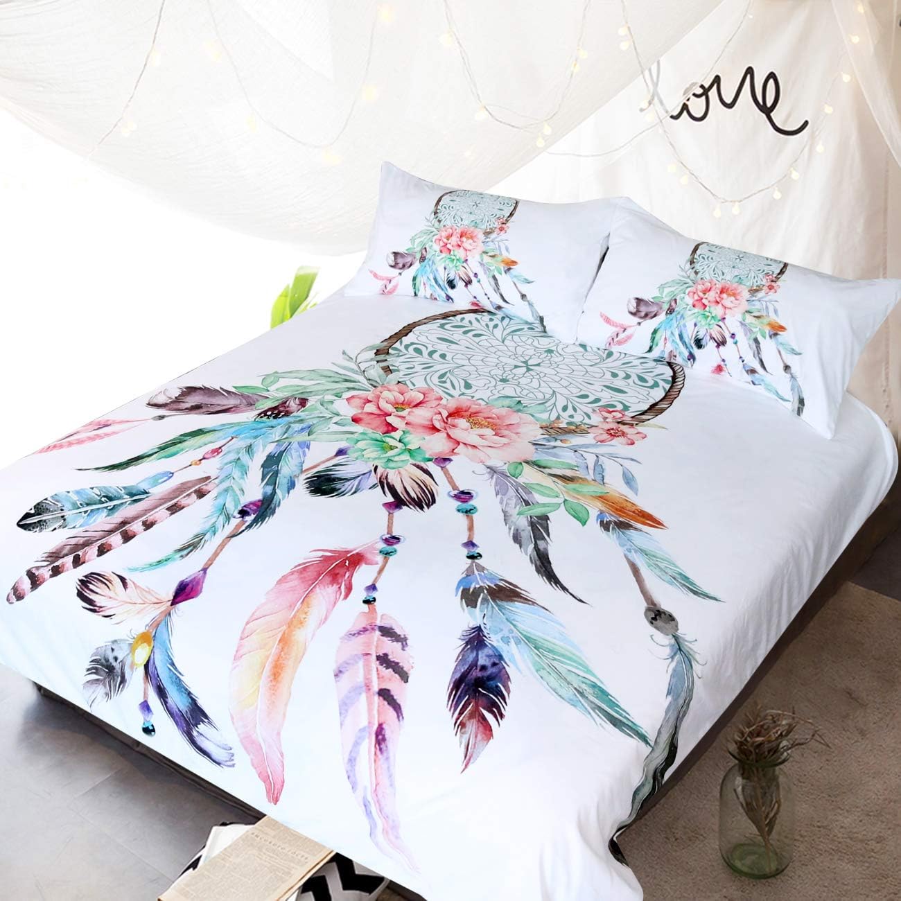 BlessLiving Big Dreamcatcher White Bedding, 3 Piece Dream Catcher Duvet Cover Set, Boho Doona Cover Hippie Bedspread Coverlet(Double)