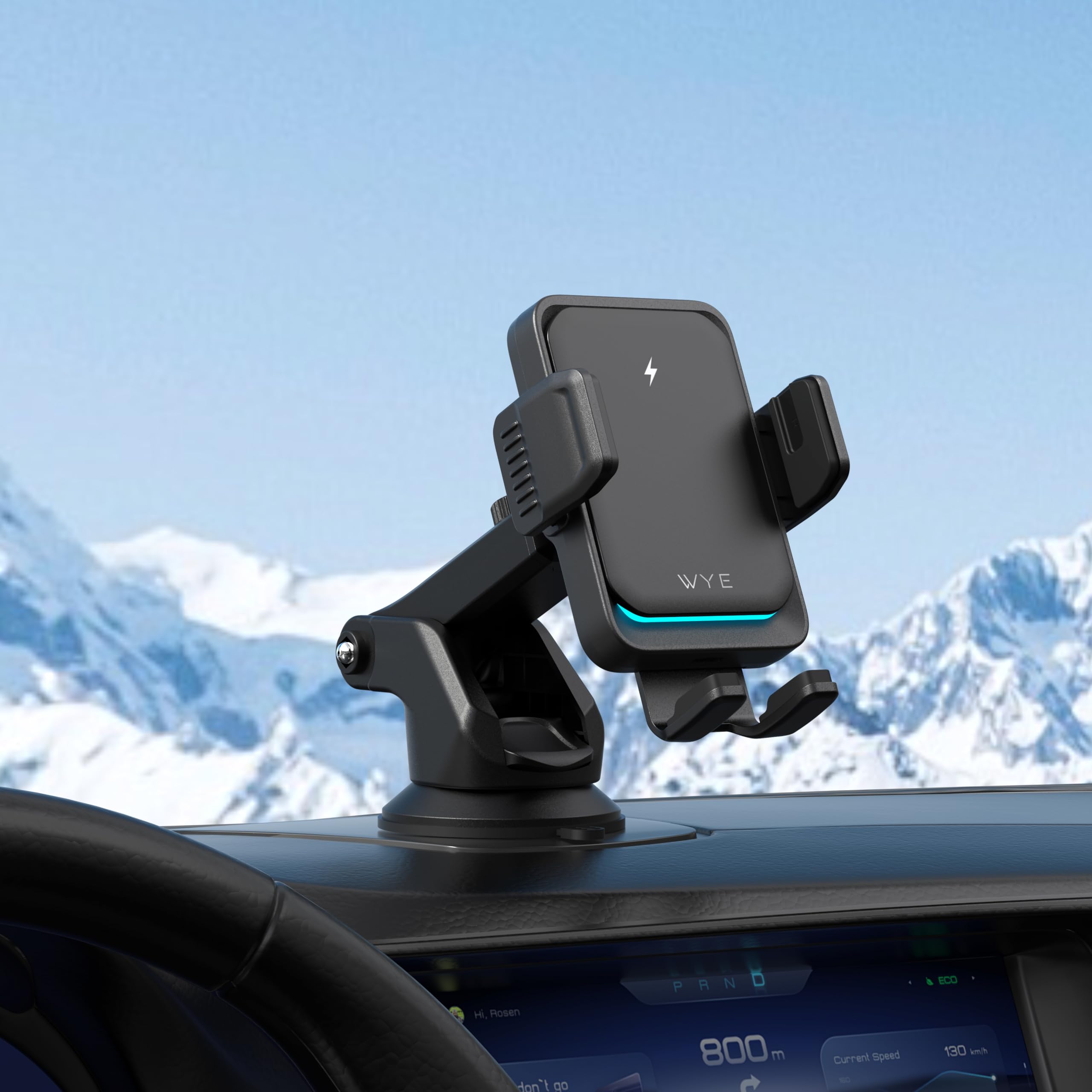 WYE Cargador inalámbrico de coche de 15 W con sujeción automática inteligente, soporte para salpicadero y parabrisas, soporte de carga rápida USB-C para iPhone, Samsung y smartphones Qi, color negro
