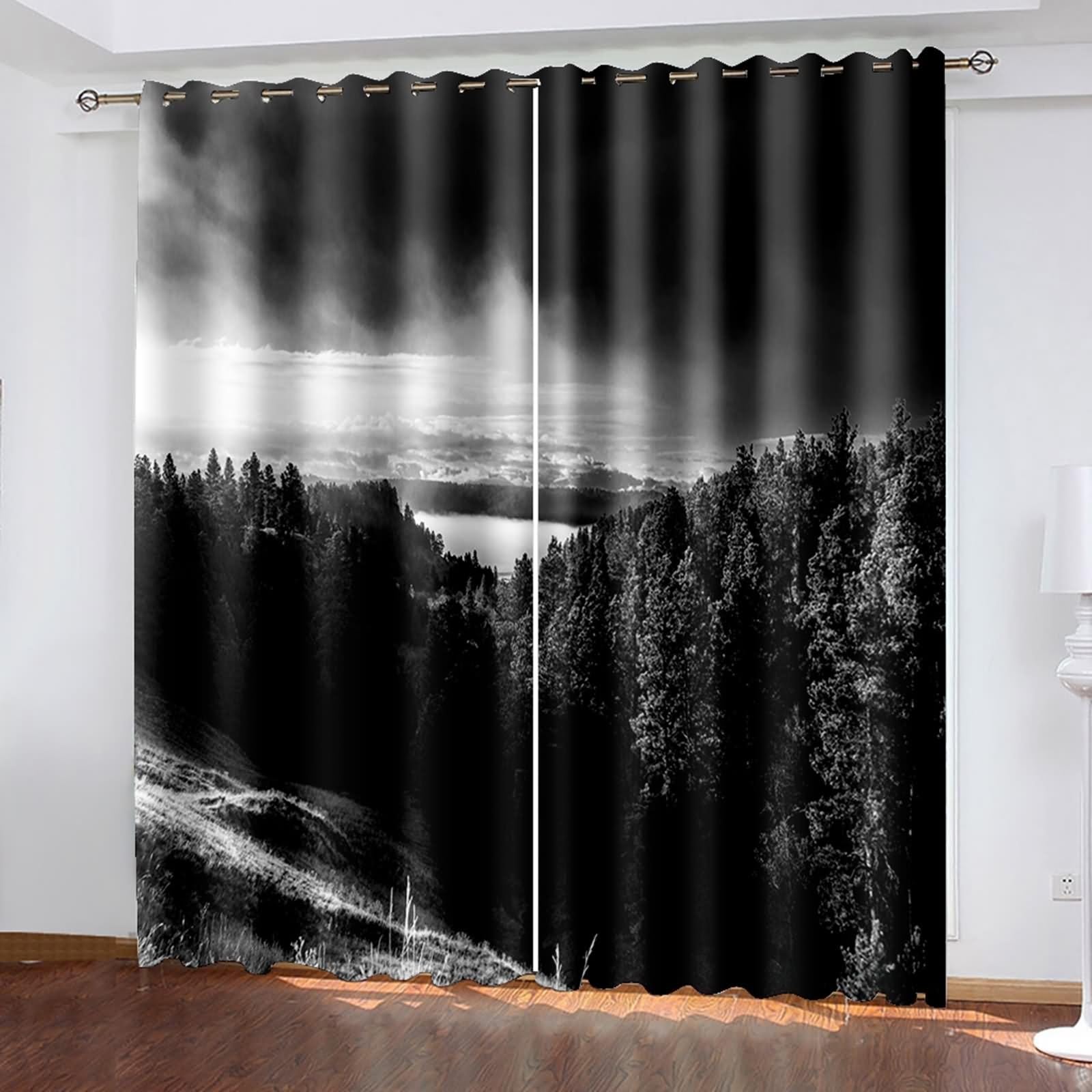 Cortinas para hombre opacas de 2 paneles, aislamiento de nubes oscuras y paisaje de bosque