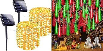 SANJICHA 2 Pack 8 Modes Extra-Long 144FT 400LED Waterproof Solar Christmas Lights Outdoor,2-Pack 16 Tubes 384 LEDs Waterproof Extendable Meteor Shower Christmas Lights Outdoor
