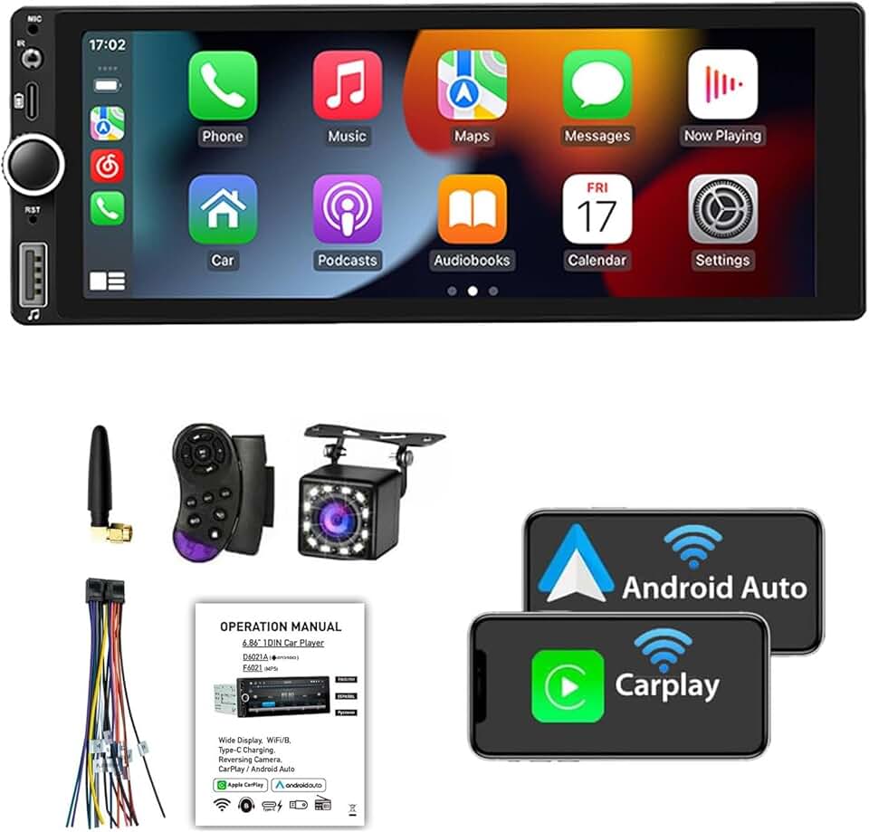 Rádio Automotivo Multimidia 1 Din com CarPlay, Android Auto, Bluetooth, Câmera de Ré e Controle de Voz, Tela Sensível ao Toque de 6.9 Polegadas - Ideal para Caminhões e Carros