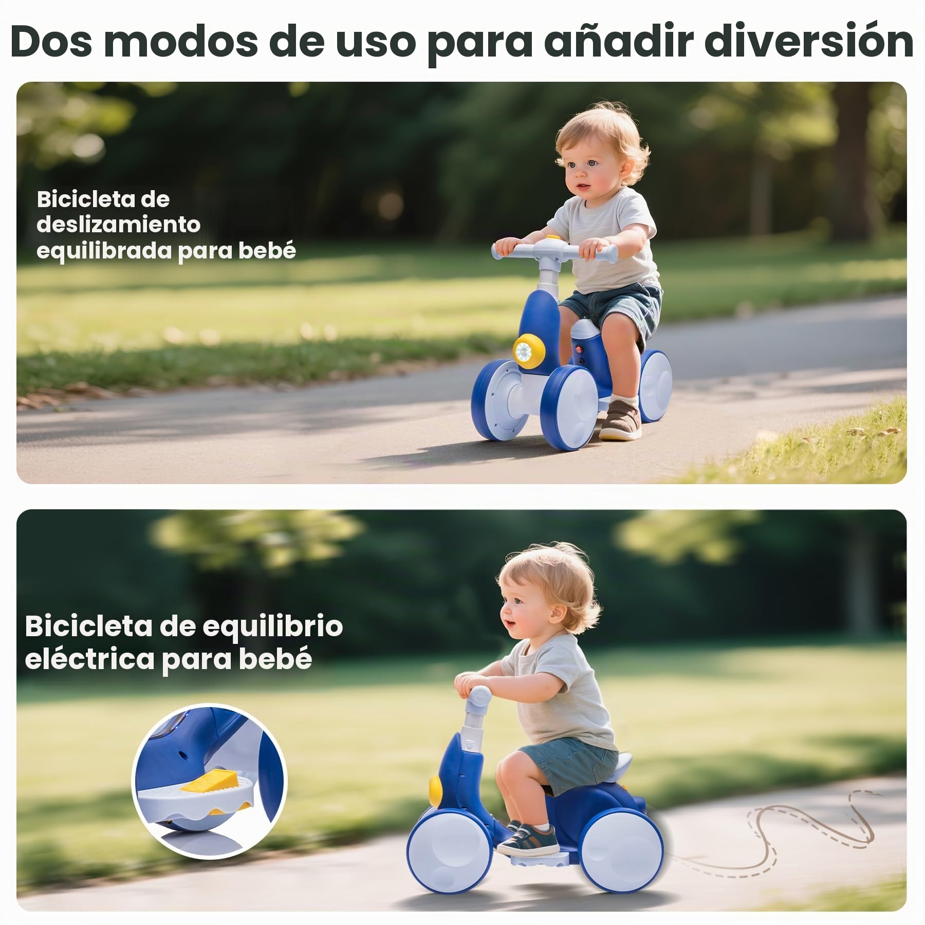 Bicicleta sin Pedales Eléctrica con Máquina de Pompas para Niños y Niñas de 1 a 4 Años, Juguetes Bebés 4 en 1 para 12-48 Meses con Música, Luces LED, Regalo para Cumpleaños, Navidad, Azul-Blanco