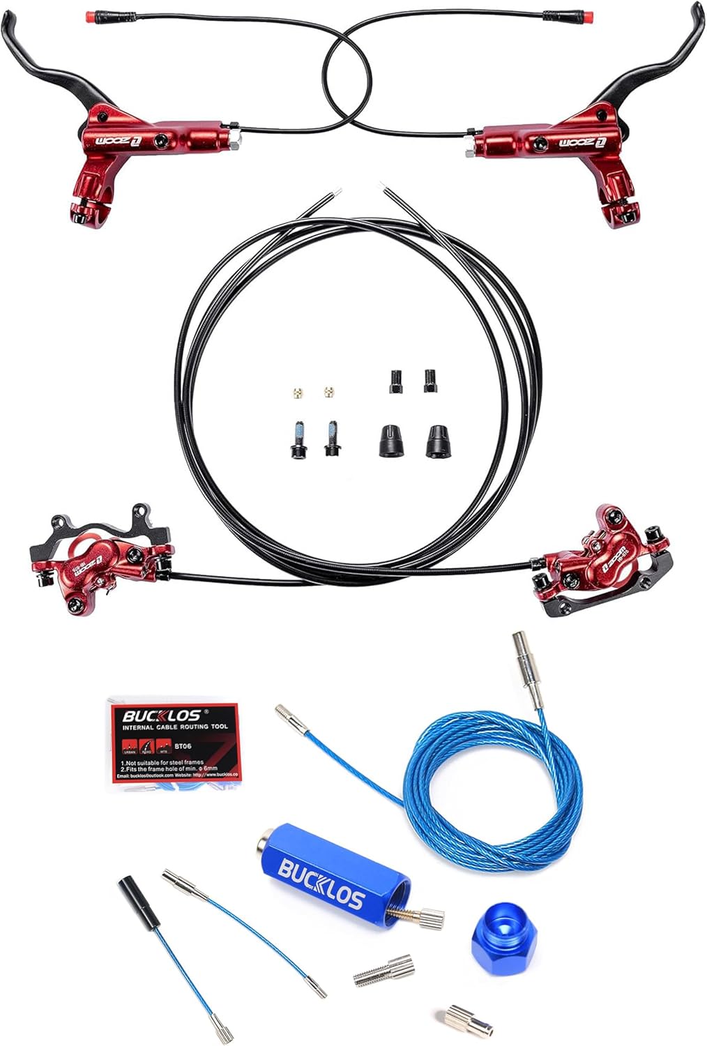 BUCKLOS Red Zoom H876E 2-PIN 4 Pistons E-Bike Electric Power Off Hydraulic Disc Brake Set and Bike Internal Cable Routing Tool Kit Compatible with 4-5.5mm Cable Housing