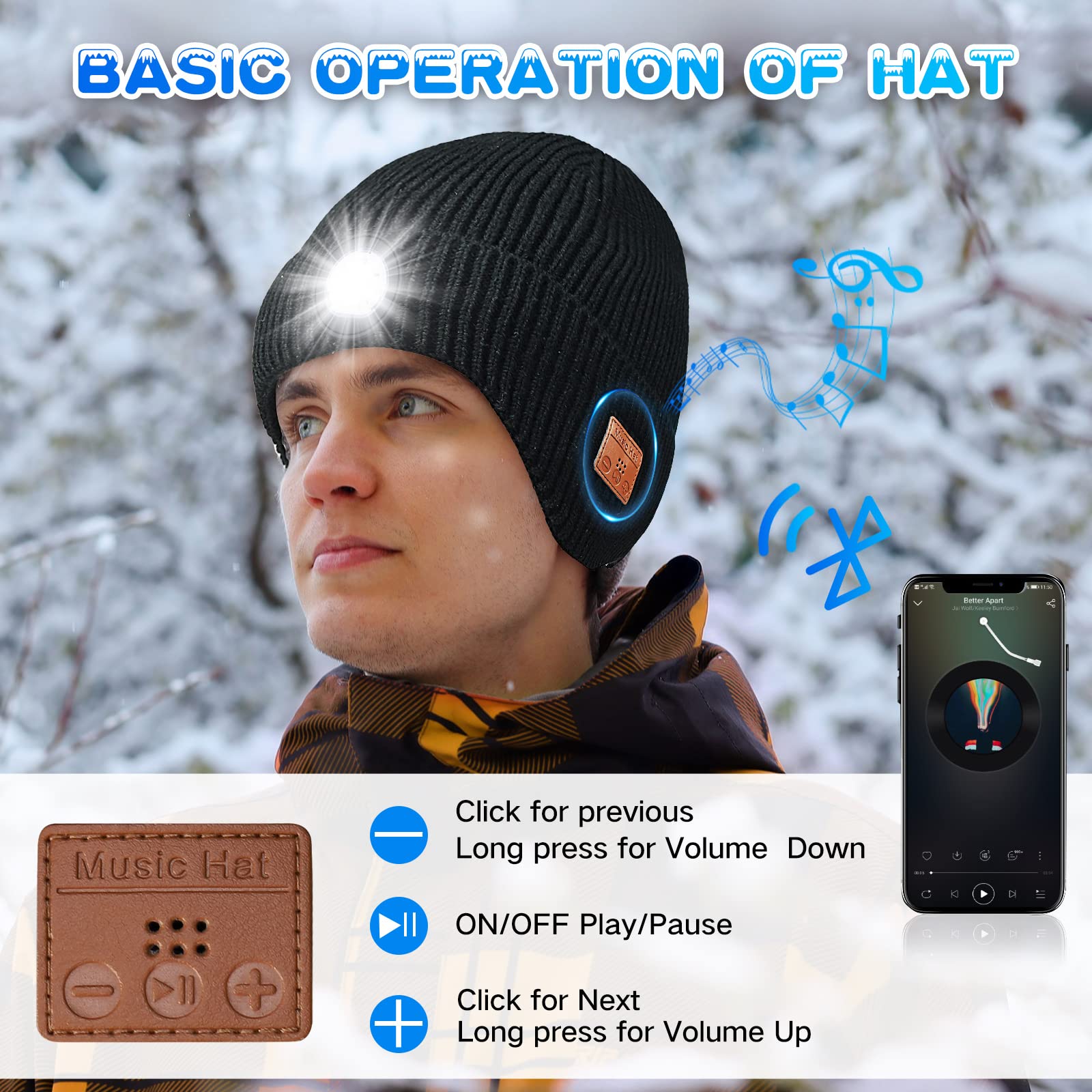 Mens Gifts Bluetooth Beanie with Light, Built-in Stereo Speaker Mic and 5 LED for Fishing Hiking & Working, Stocking Stuffers