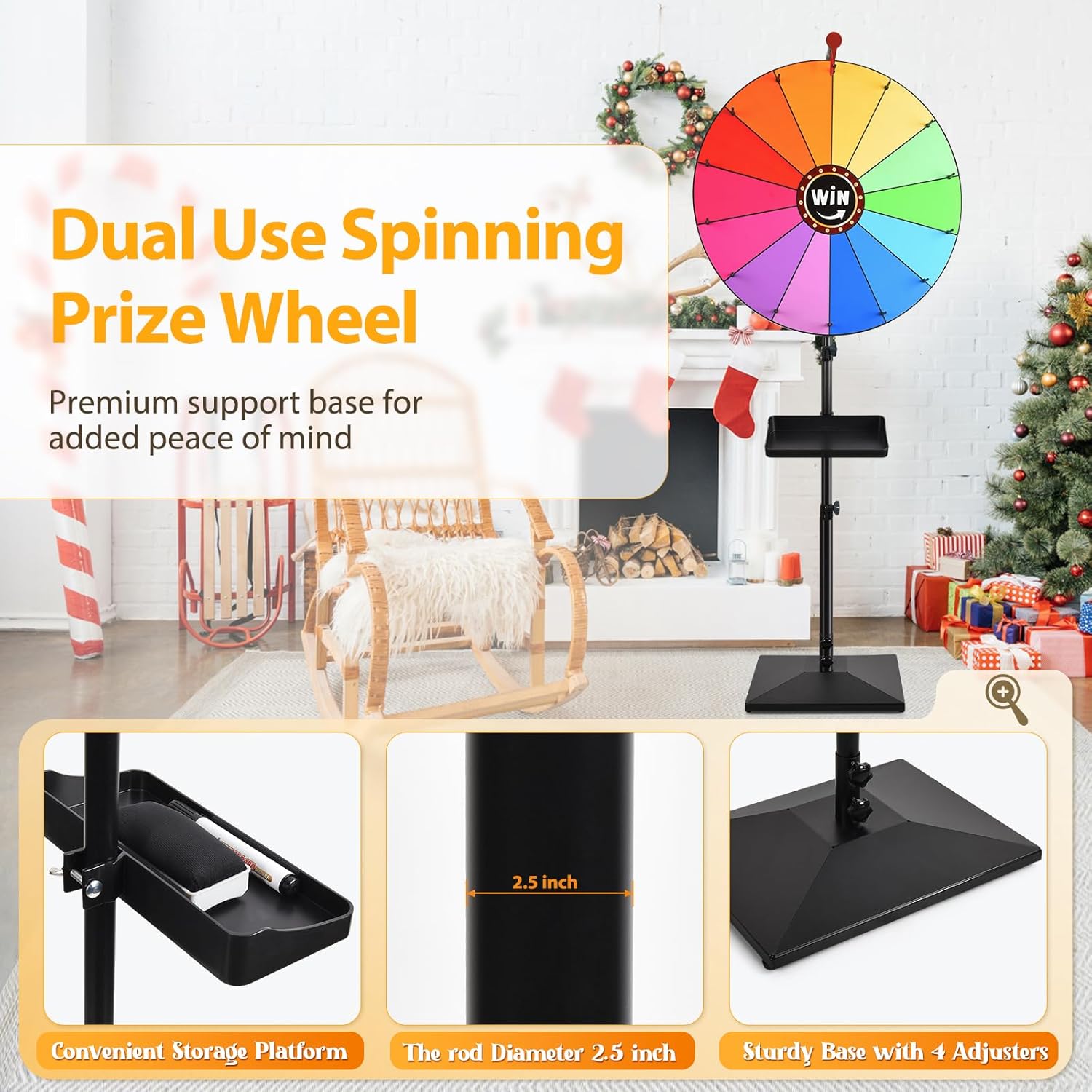24-inch Prize Wheel, Adjustable 32"-61" Height Desktop & Floor Stand Spinning Prize Wheel, Storable Prize Wheel Spinner, Suitable for Party, Carnivals and Tradeshow