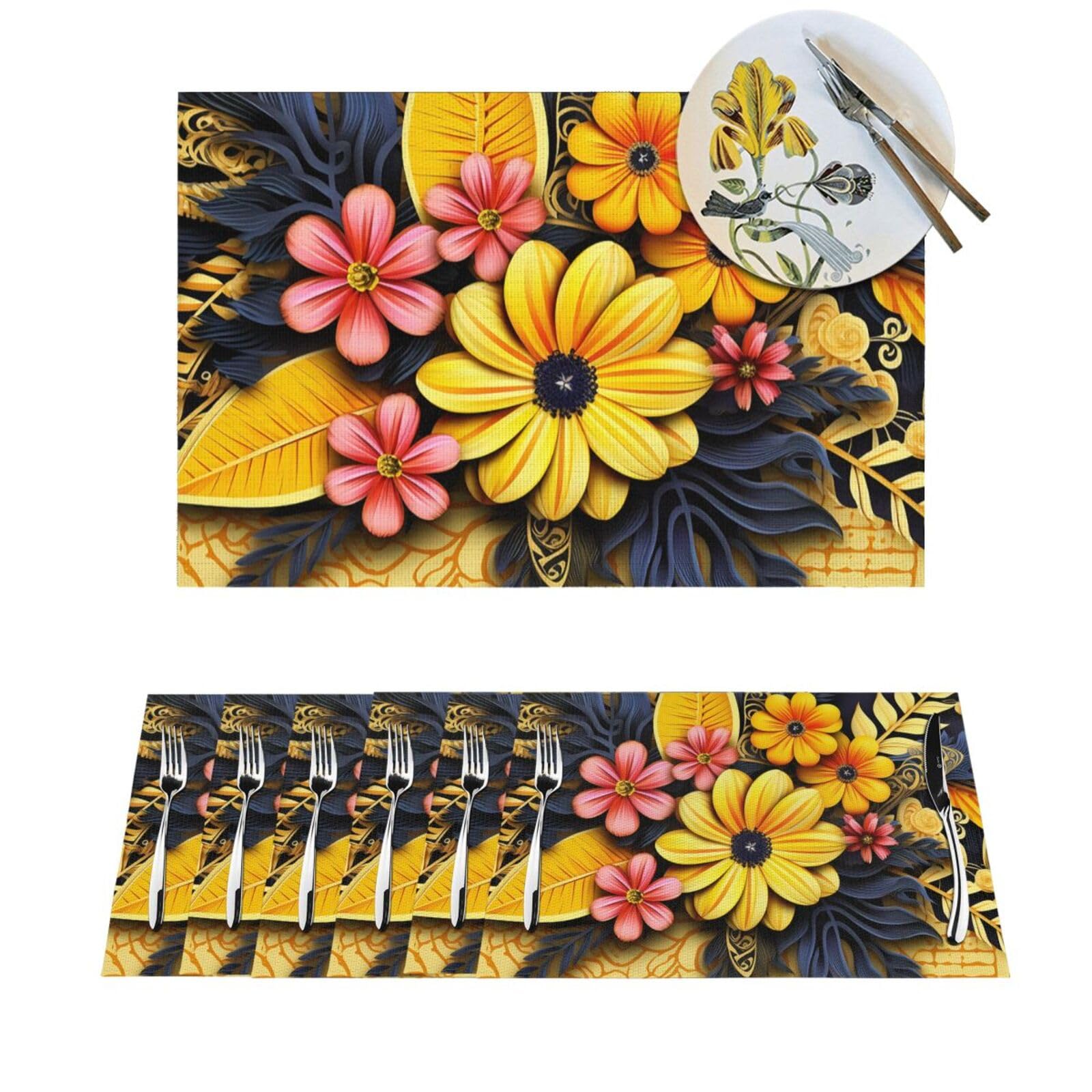 Set de table lavable pour extérieur et intérieur protégeant de la chaleur motif floral ethnique