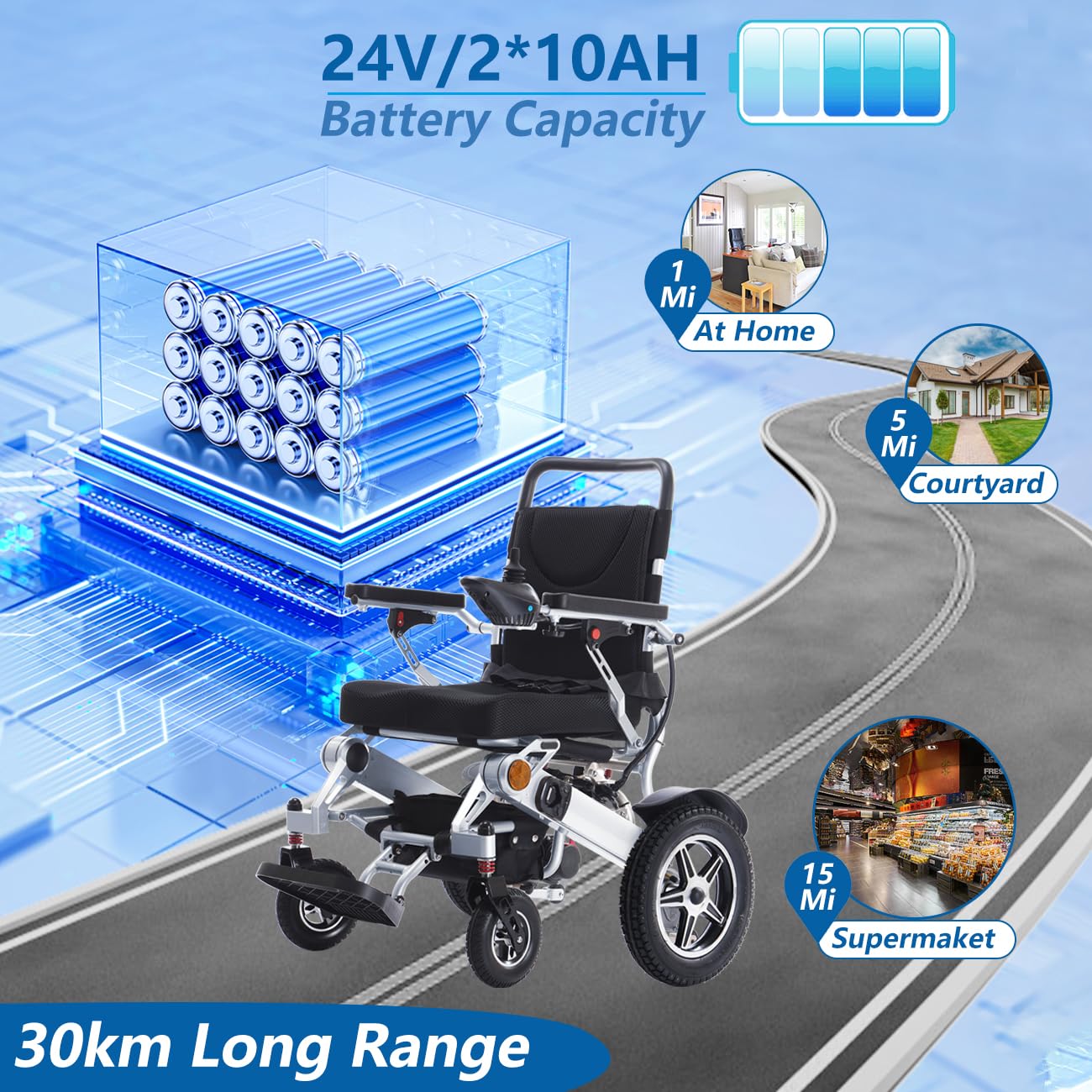 Silla de Ruedas eléctrica Ligera para Adultos, Plegable, motorizada, con autonomía de 30 km, soporta hasta 150 kg, portátil y alimentada por batería de Litio.