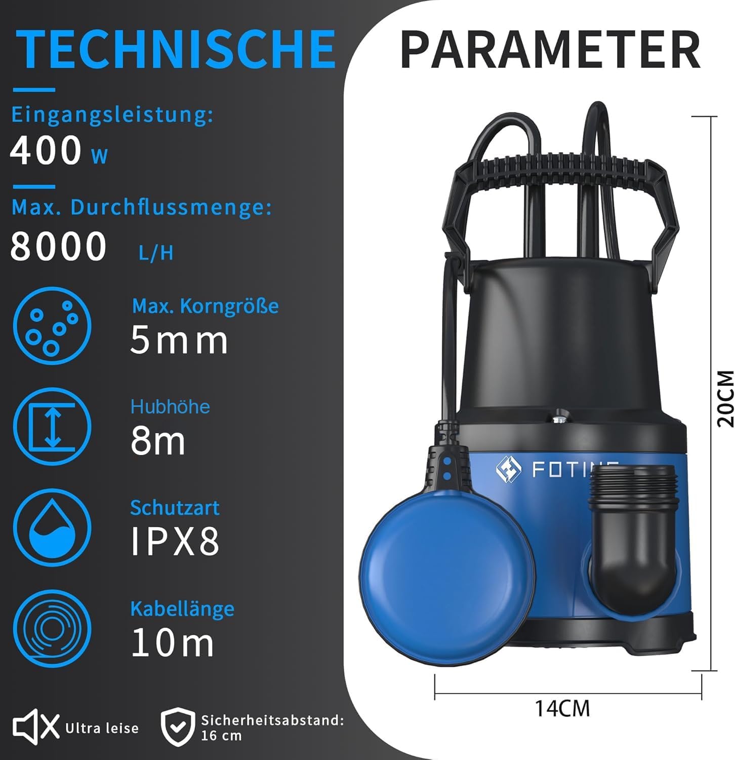 FOTING Pompa sommersa 400W 8000l/h portata max 8m profondità di immersione max 7m interruttore galleggiante regolabile protezione termica per piscina e cantina