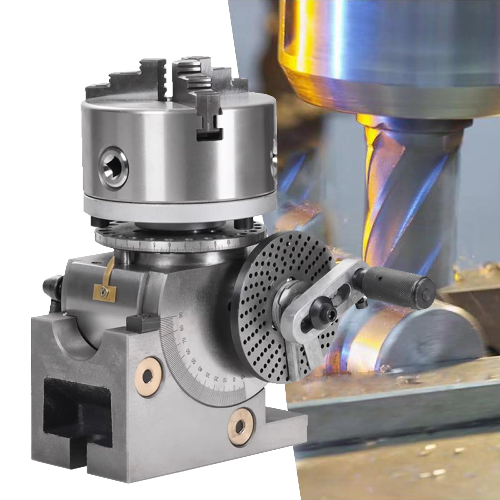 PurezmMoto 4"/5"/6" Chuck Vertical Horizontal Indexing Rotary Table,with Tailstock Dividing Plates CNC Mill For Milling Machine,Reduction Ratio 1:40