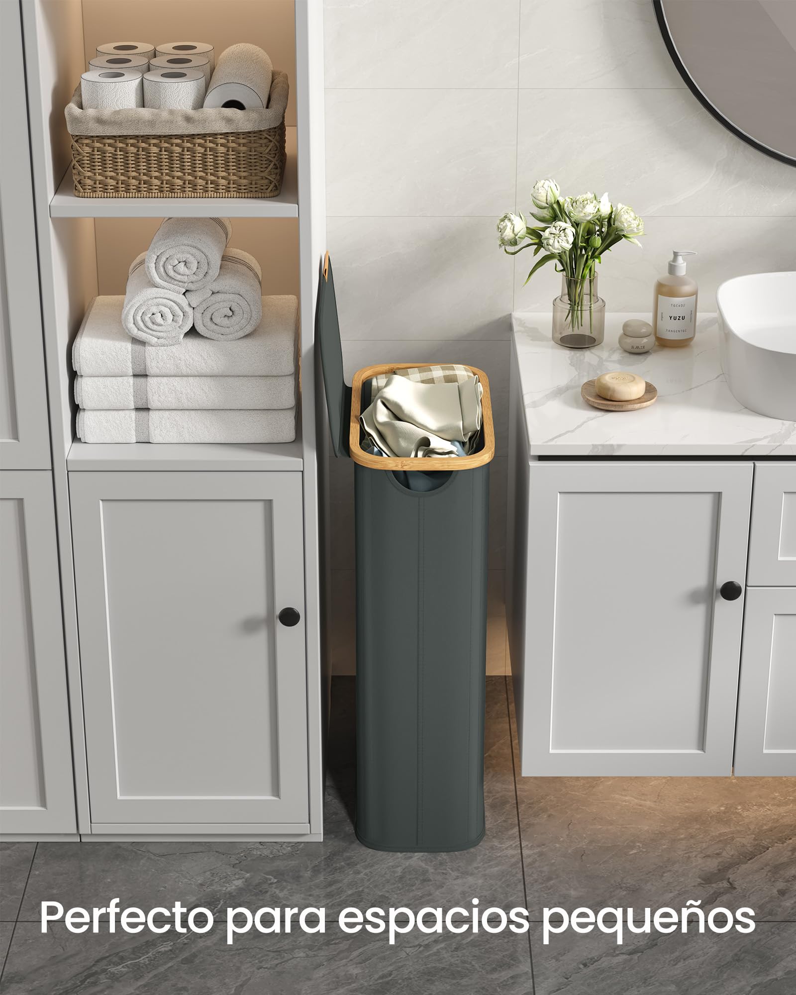 SONGMICS Cesto de Ropa con Tapa, Recogedor de Colada Estrecho, Tejido de Oxford, Plegable, Marco de Bambú, Lavadero, Dormitorio y Salón, 70 L, 42 x 22,5 x 70,5 cm, Gris Pizarra LCB517GN01 - 4