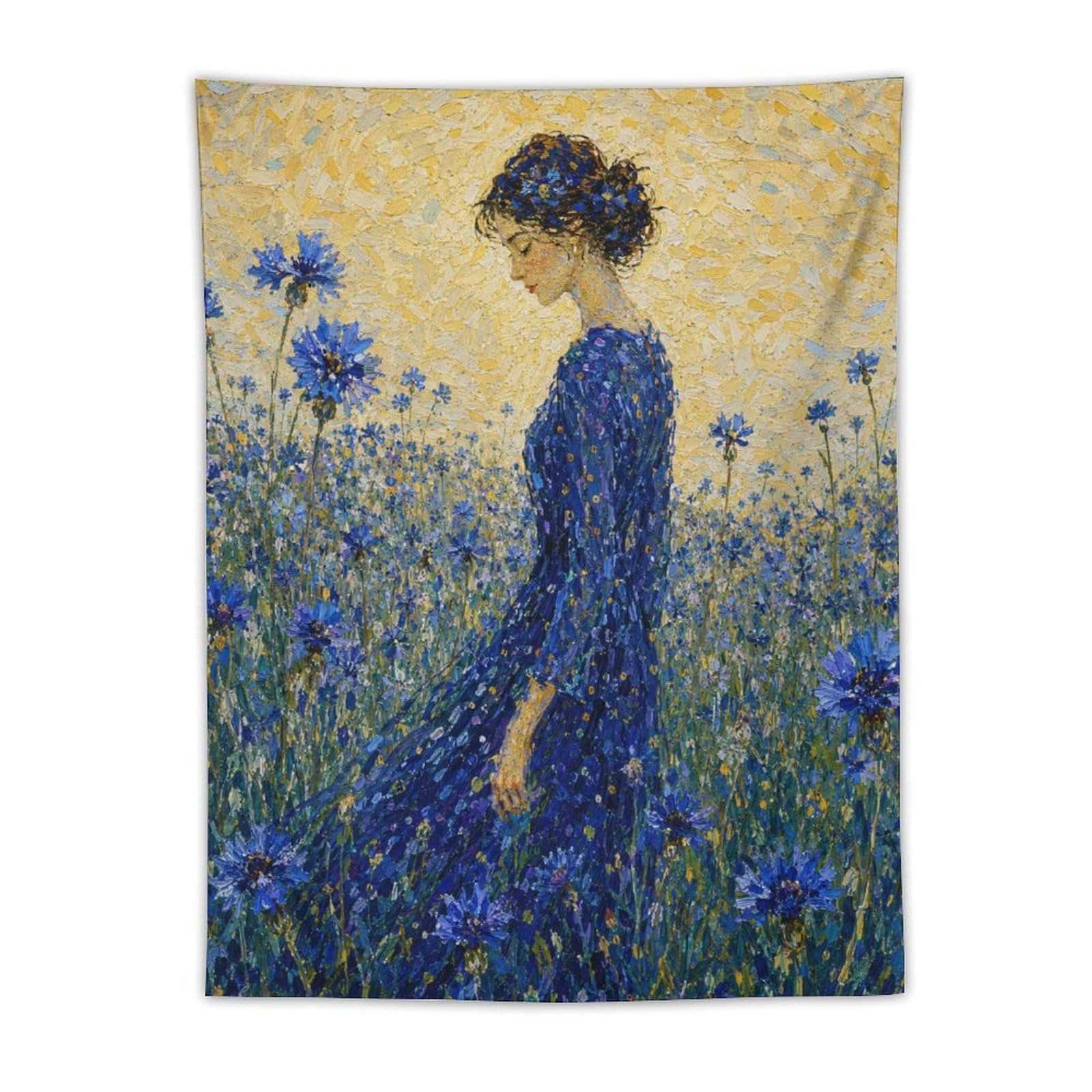 H3B8U2Y5 Woman in Blue Flower Field Wall Tapestry, Impressionist, Dorm Room