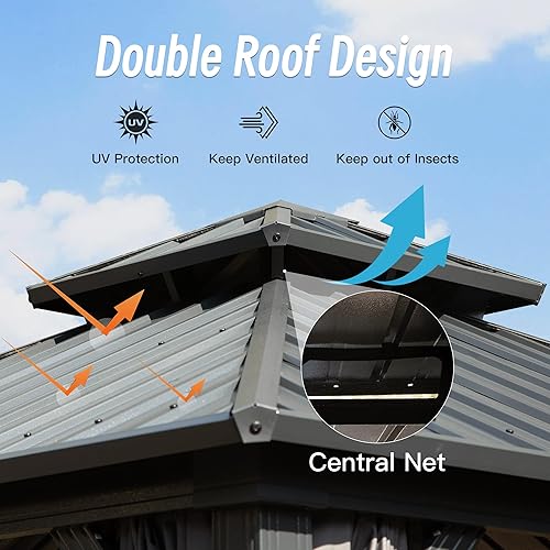 Miniatura 5 de Domi - Cenador de techo rígido de 8 x 8 pies, cenador para exteriores con toldo de doble techo de acero galvanizado, cortina y red, pabellón de