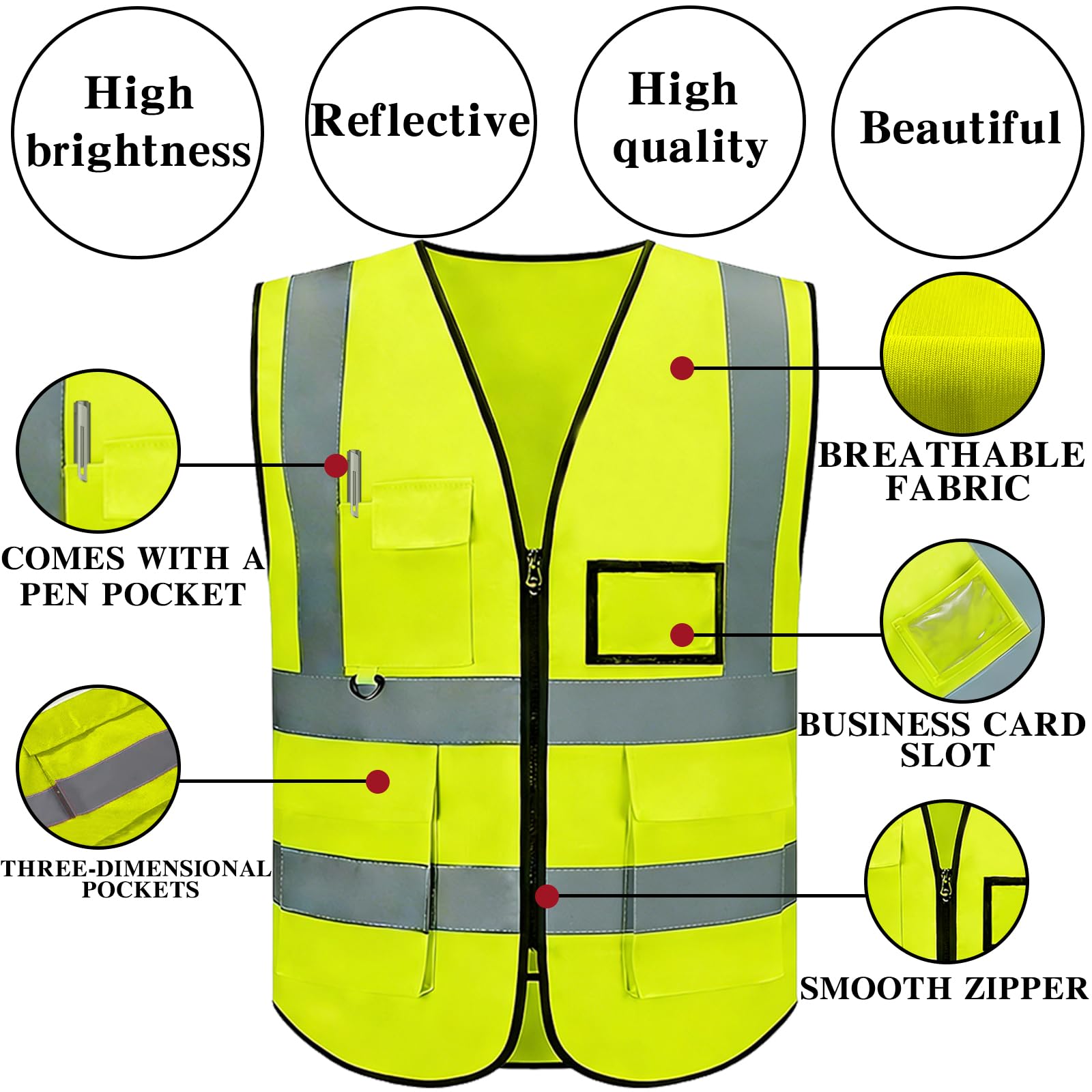 Chaleco de seguridad reflectante personalizado clase 2 de alta visibilidad con bolsillos y cierre, chaleco de seguridad unisex de poliéster para el trabajo y al aire última intervensión