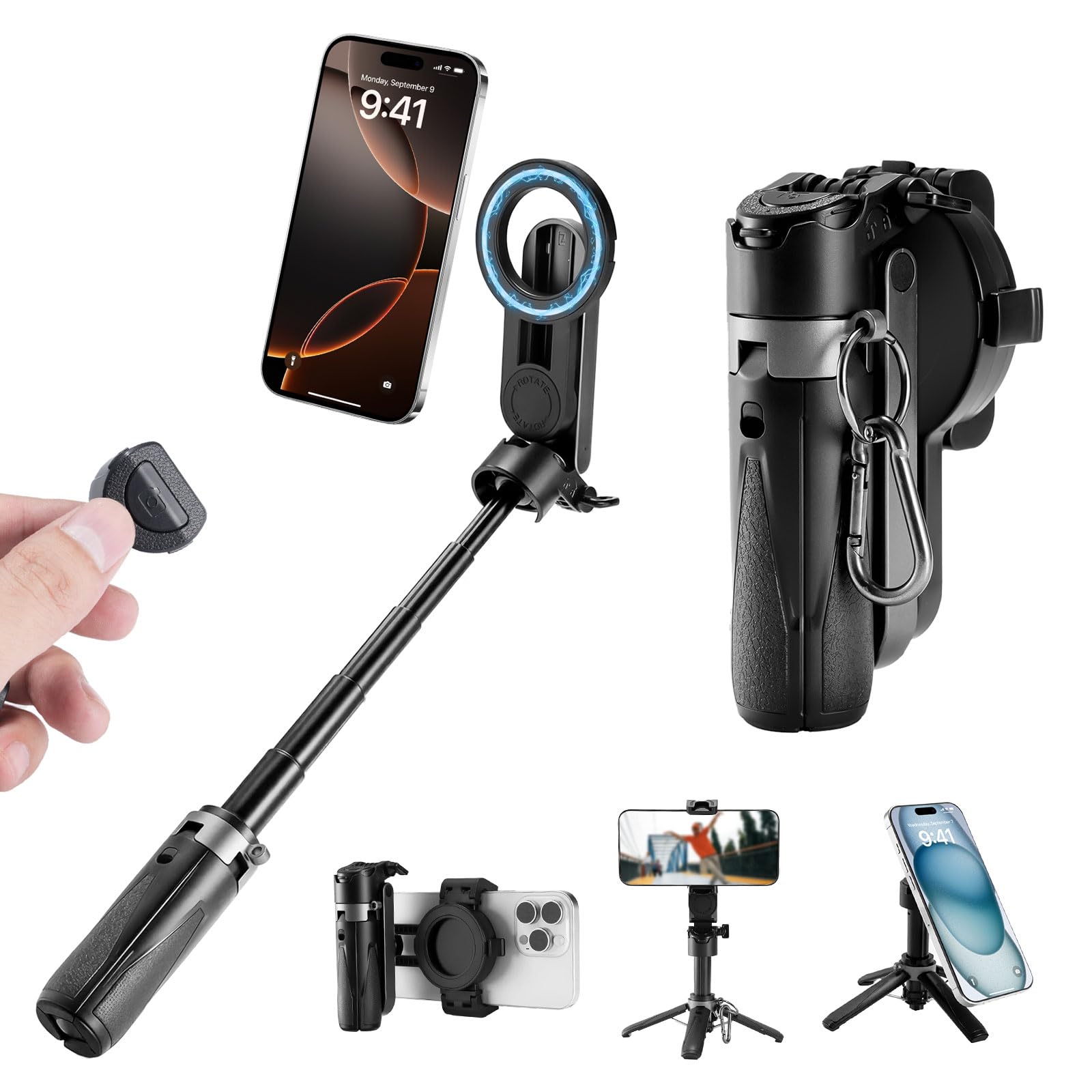 4 in 1 Selfie Stick Magnetisch, Mini Stativ für Smartphone, Handy Stativ mit Fernauslöser und Kaltschuh, Handystativhalter Kompatibel mit iPhone, Android für Selfies, Vlogging und Videoaufnahmen