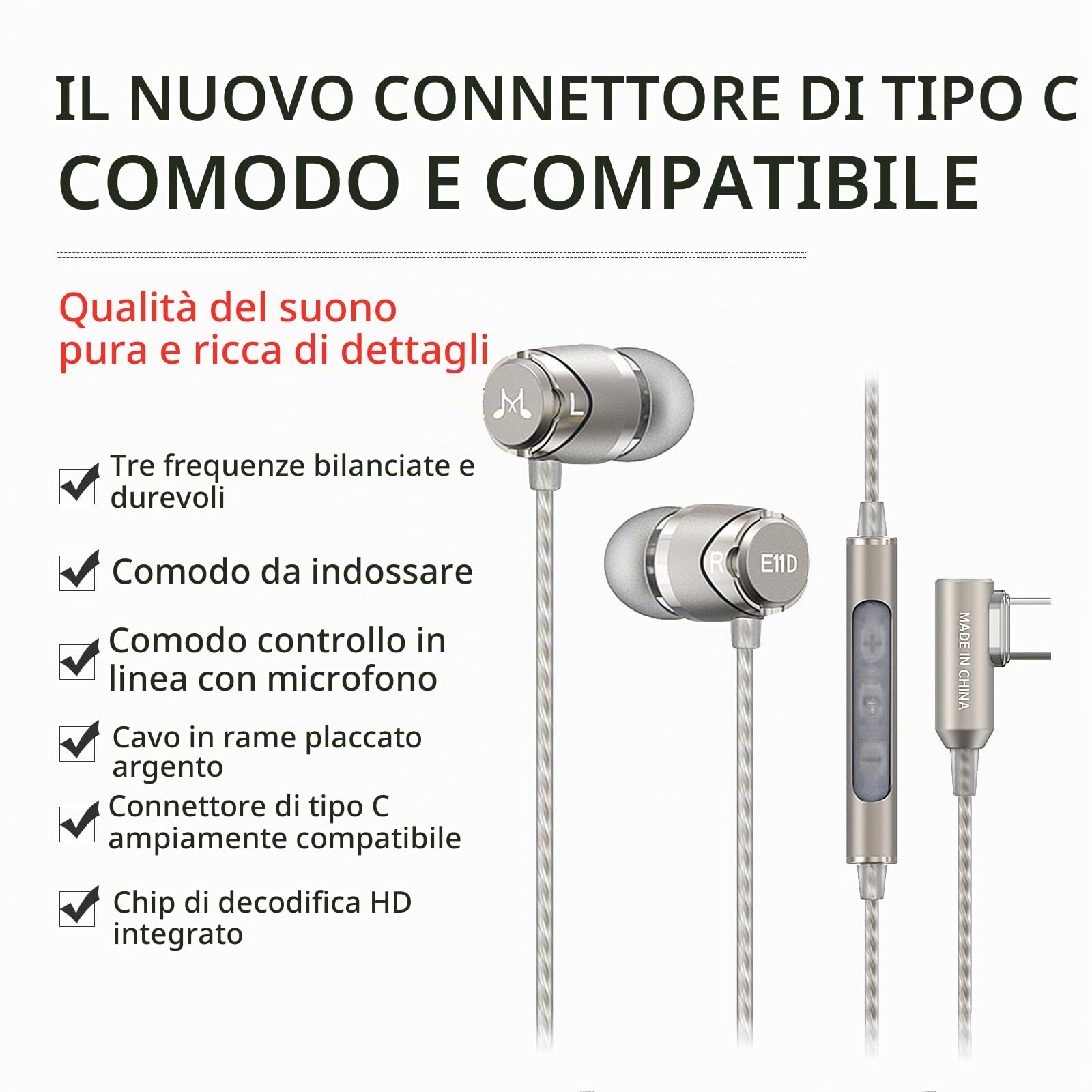SoundMAGIC E11D Auricolari Cablati USB-C, Micro, DAC HiRes, HiFi, Arg Scuro | Chiamate nitide, bassi corposi, medi equilibrati, isolamento acustico, vestibilità ergonomica, compatibilità universale