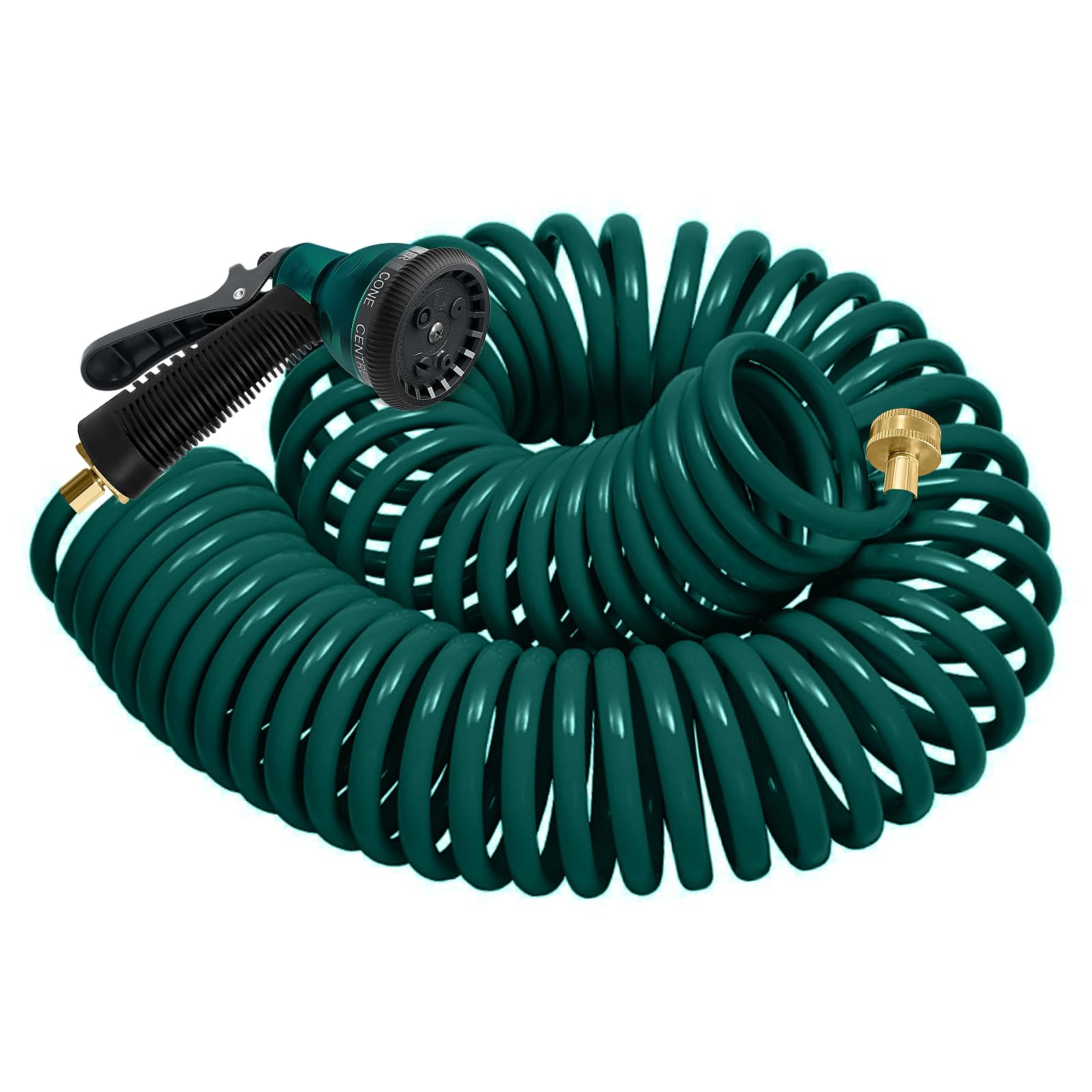Yestar Green Coil Hose 25/50/75Ft Eva Coil Garden Hose With 3/4'' Brass Connector Coiled Water Hose Lightweight And No Kink Includes 17 Patterns Spray Nozzle For Outdoors Lawn Watering Car Washing